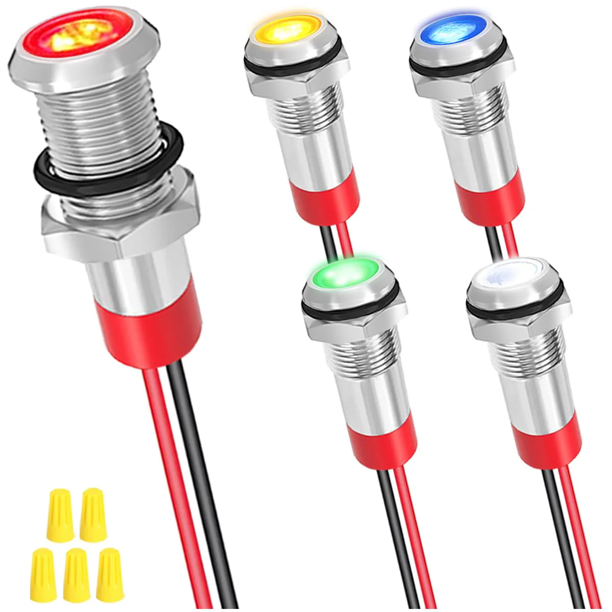 5Pcs 6mm DC 12-24V Red/Yellow/Blue/Green/White LED Metal Indicator Light Waterproof Signal Lamp with 150mm Cable Length Metal LED Indicator Light and Wiring Cap for Car Interior Trucks Boats