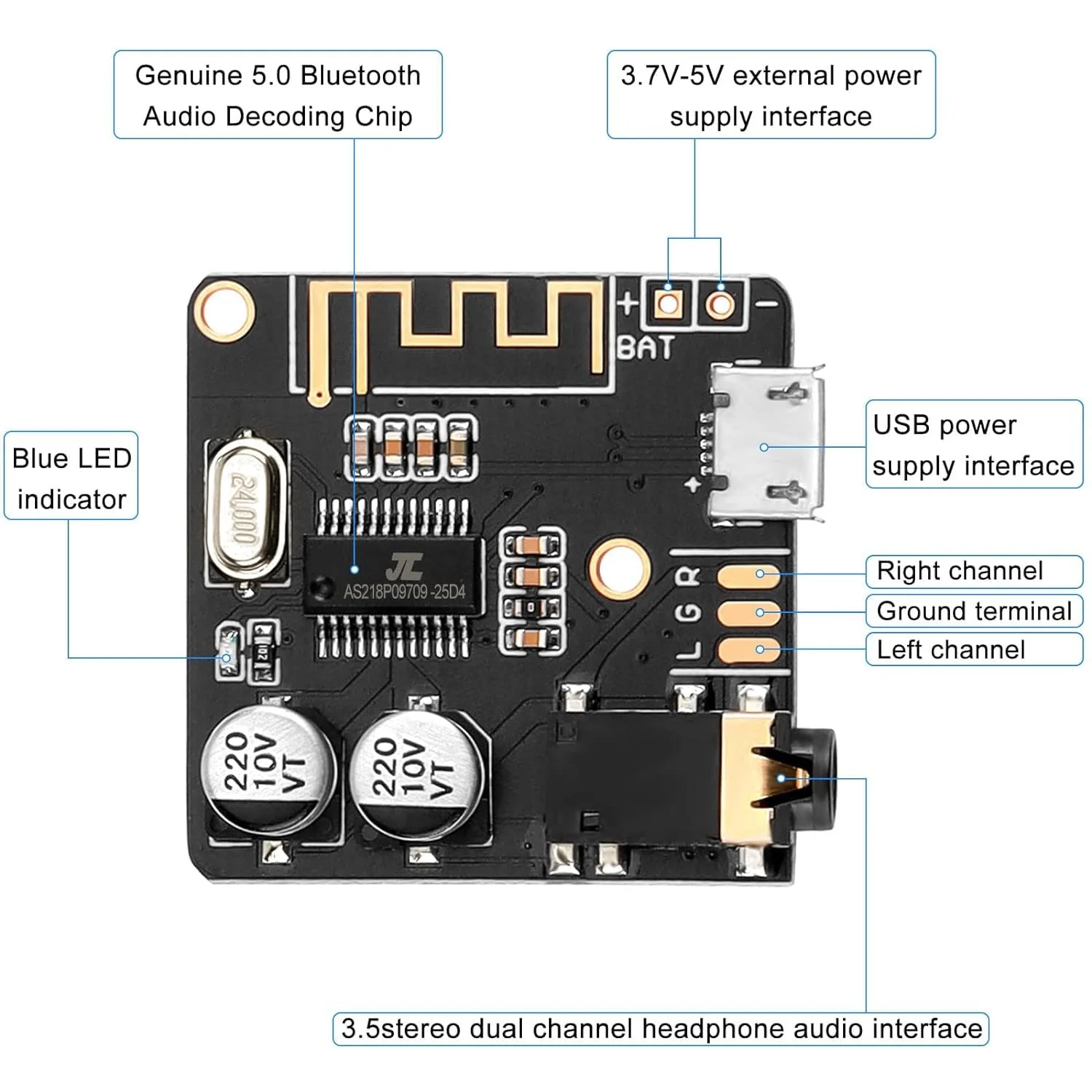 5pcs Bluetooth Audio Receiver Board BT 5.0 Stereo Audio Amplifier 3.7-5V Car Speaker Amplifier for DIY - Image 2