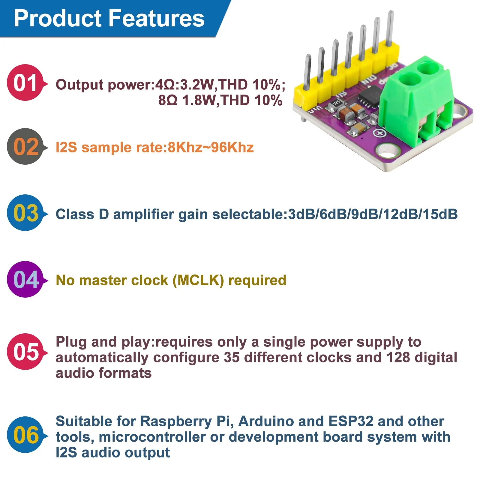 5Pcs MAX98357 Audio Power Amplifier Module I2S DAC Class D Audio Board with Du Pont Wire for Raspberry Pi Arduino ESP32 5 - Image 6