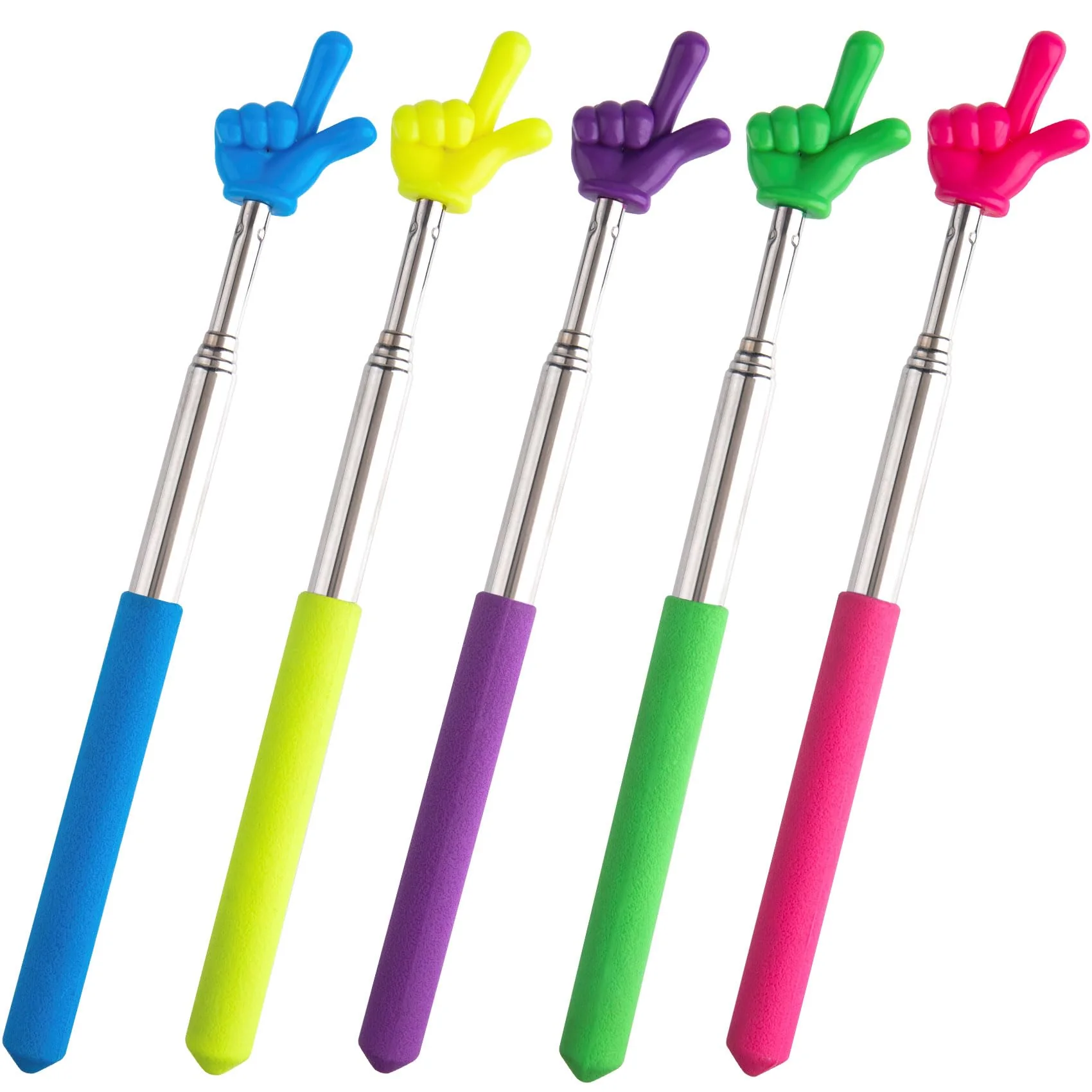5pcs Retractable Teacher Pointers for Classroom Reading, Hand-Shaped Presentation Pointer Stick, Mini Portable Finger Pointer Sticks Teach Supplies- Blue & Purple & Yellow & Green & Pink