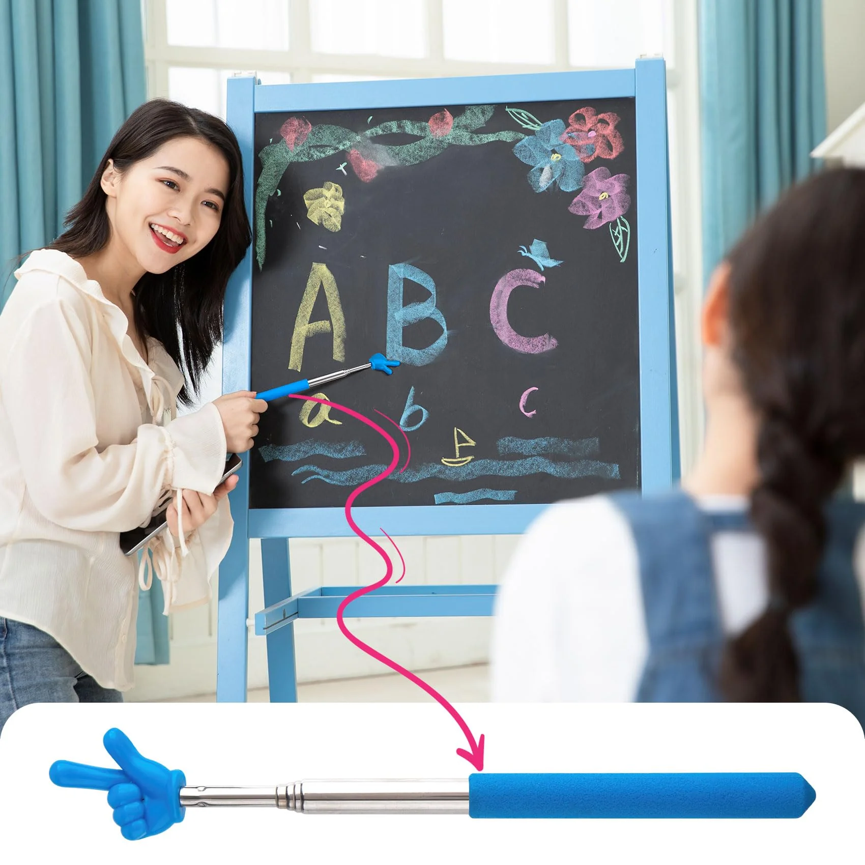 5pcs Retractable Teacher Pointers for Classroom Reading, Hand-Shaped Presentation Pointer Stick, Mini Portable Finger Pointer Sticks Teach Supplies- Blue & Purple & Yellow & Green & Pink - Image 6