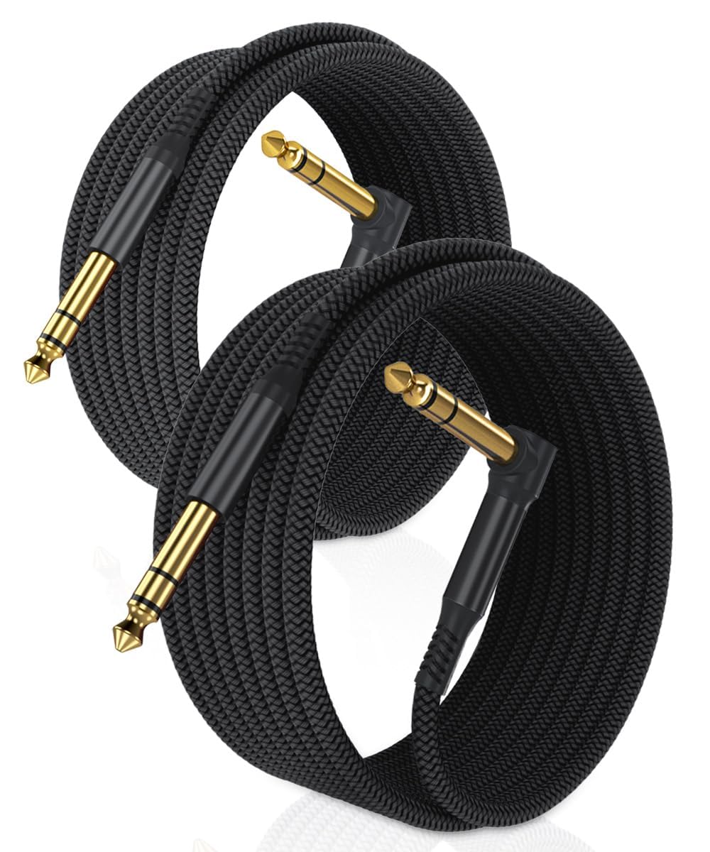 6.35mm TRS Instrument Cable 20FT 2-Pack,Right Angle 90 Degree 1/4 Inch Male Jack Stereo Audio Cord,6.35 Balanced Line Lead for Electric Guitar,Bass,Keyboard,Mixer,Amplifier/AMP,Speaker,Equalizer 6M/20 FT Black