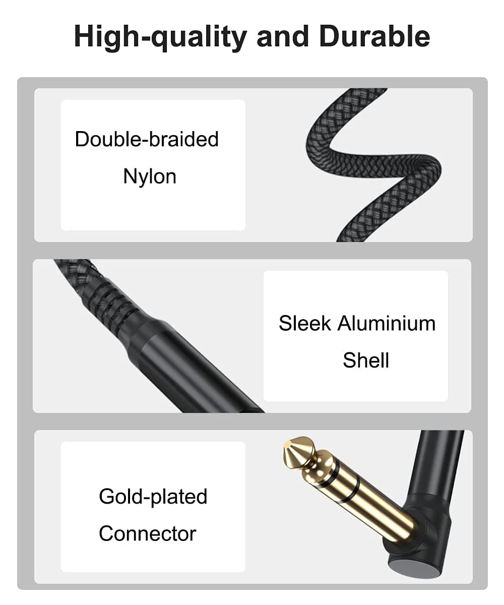 6.35mm TRS Instrument Cable 20FT 2-Pack,Right Angle 90 Degree 1/4 Inch Male Jack Stereo Audio Cord,6.35 Balanced Line Lead for Electric Guitar,Bass,Keyboard,Mixer,Amplifier/AMP,Speaker,Equalizer 6M/20 FT Black - Image 2