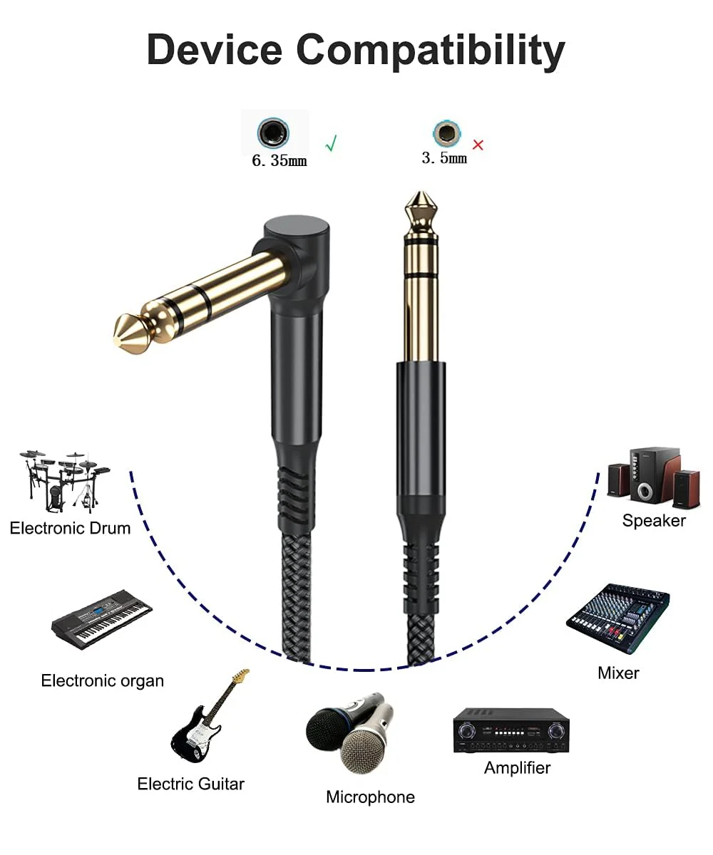6.35mm TRS Instrument Cable 20FT 2-Pack,Right Angle 90 Degree 1/4 Inch Male Jack Stereo Audio Cord,6.35 Balanced Line Lead for Electric Guitar,Bass,Keyboard,Mixer,Amplifier/AMP,Speaker,Equalizer 6M/20 FT Black - Image 3