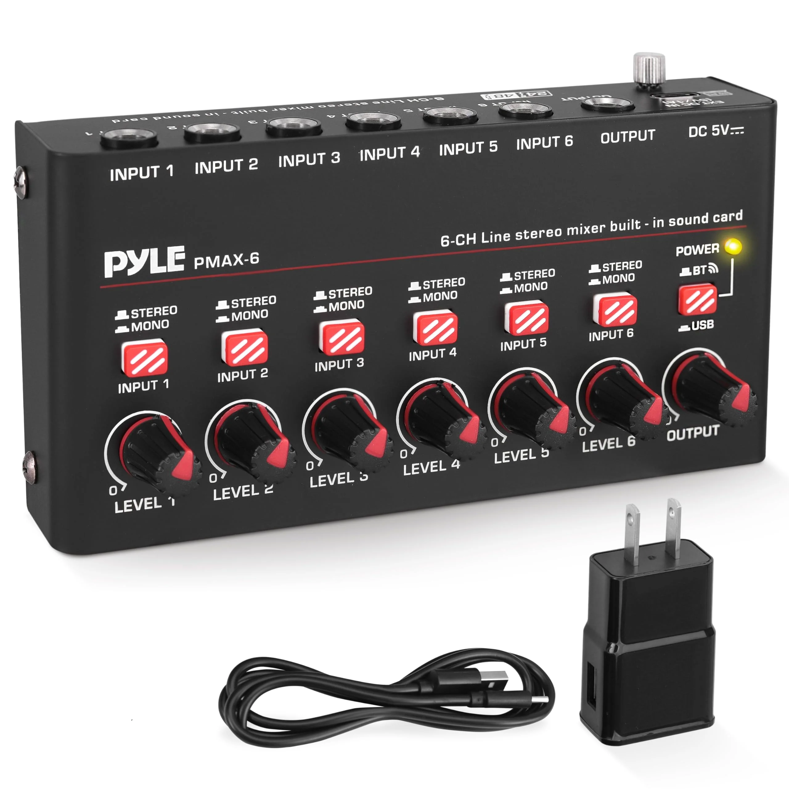 6-Channel Wireless BT Streaming Mini Line Mixer with USB Audio Interface - 6 Mono/Stereo Switching Inputs | Ultra-low Noise Design with High Headroom | Built-in USB Sound Card 6 Channel