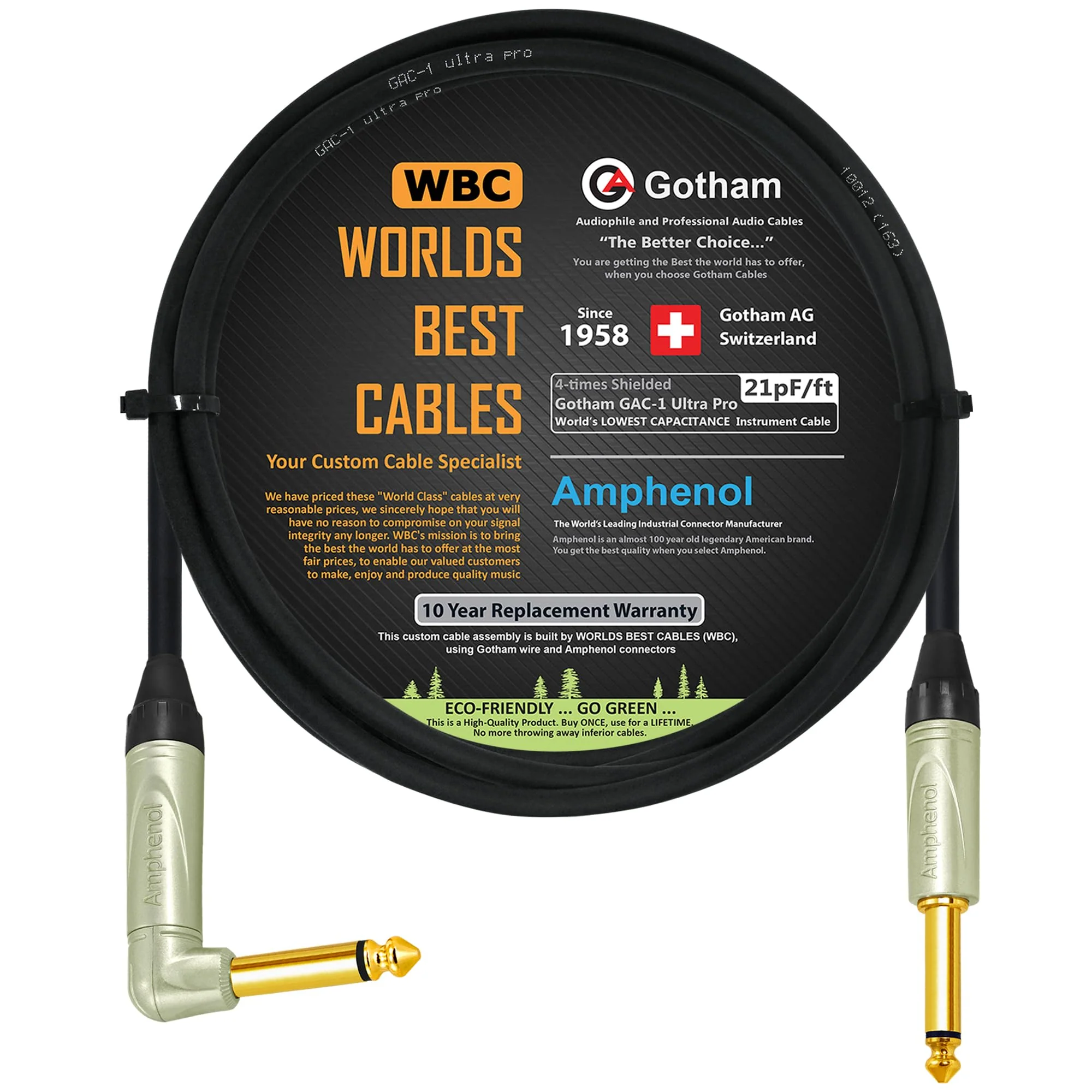 6 Foot - Gotham GAC-1 Ultra Pro (Black) - Premium, Low-Capacitance (21 pf/F) Guitar Bass Instrument Cable - Amphenol QM2R-AU & QM2P-AU ¼ Inch (6.35mm) Gold TS Connectors