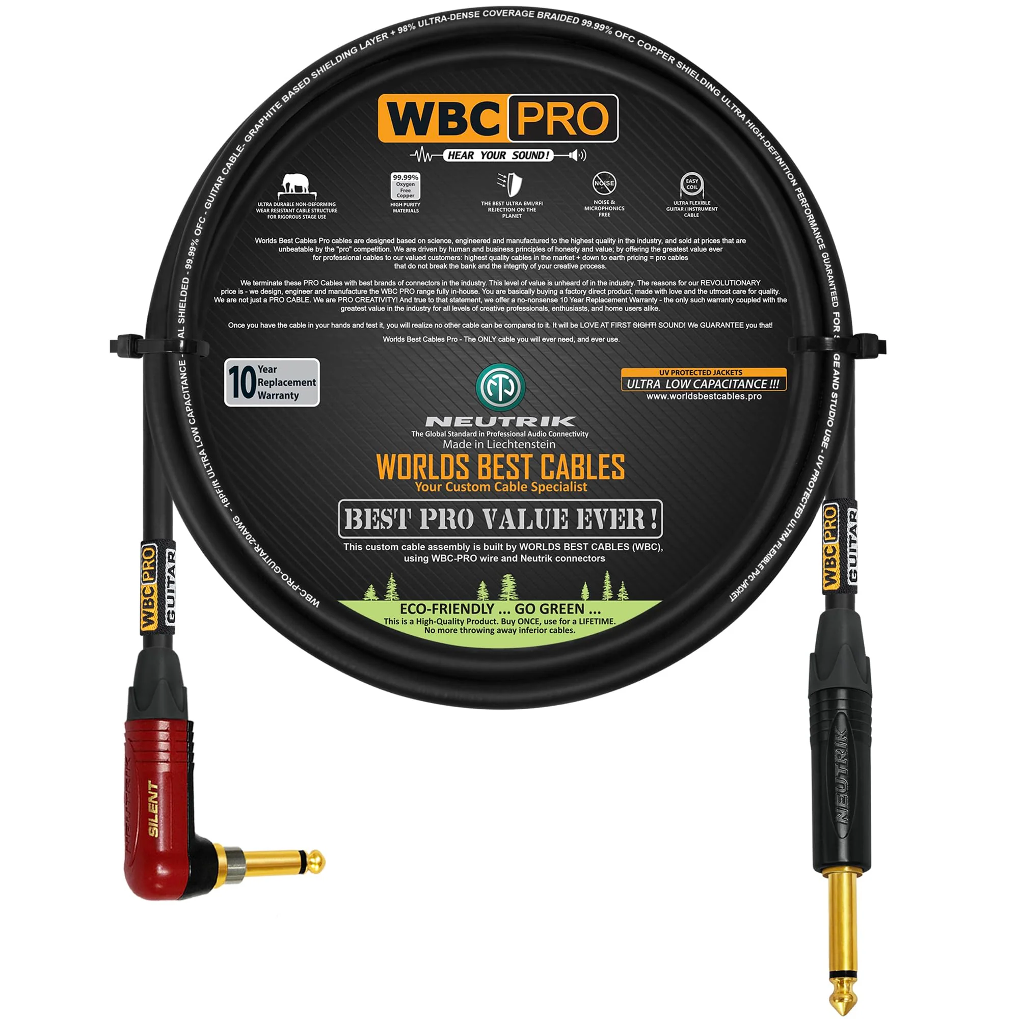 6 Foot - WBC-PRO-Guitar – 20 AWG - Low-Cap (18pF/ft) – Pro-Grade – Graphite-Based - Dual-Shielded Guitar Bass Instrument Cable w/Neutrik Straight - Angled (SilentPLUG) ¼ Inch (6.35mm) Gold TS Plugs