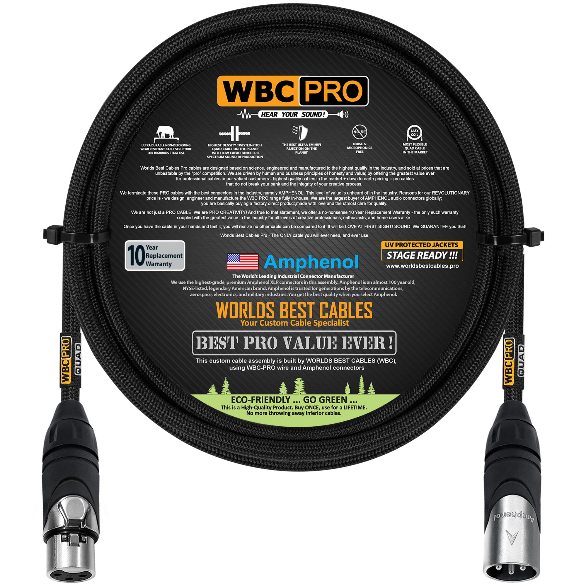 6 Foot - WBC-PRO-Quad Ultra-Silent Ultra-Flexible Balanced Star-Quad Cable with Amphenol Male & Female XLR Plugs & Black Tweed Jacket