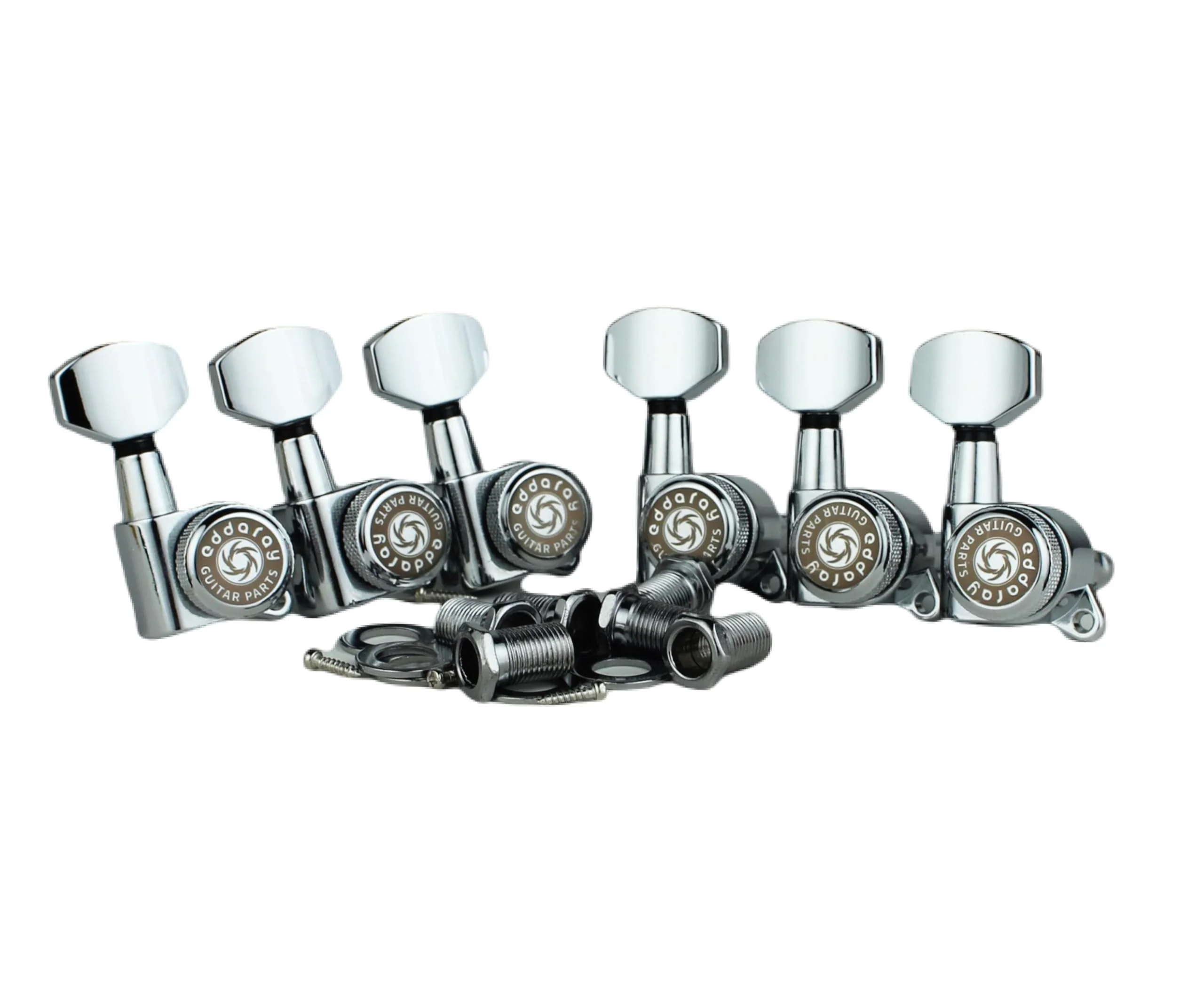 6 In-line Guitar Locking Tuners 6 Right Hand – 1:18 Gear Ratio Lock String Tuning Key Pegs Machine Heads Set with Hexagonal Shaped Knob Replacement, (E-107SP, Chrome) 6 for Right