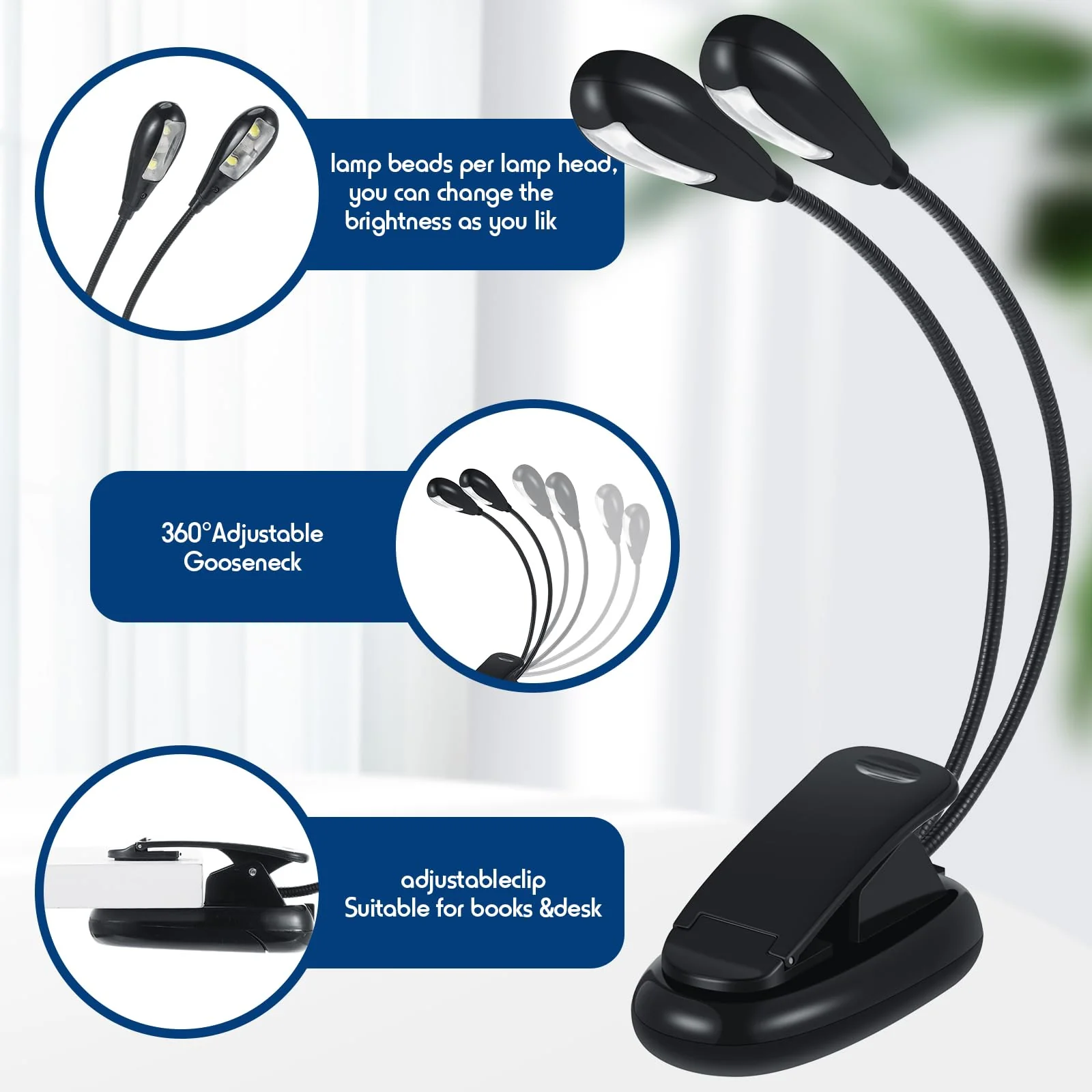 6 Pcs Music Stand Clip on Reading Light USB and AAA Battery Operated LED Book Lights in Bed 3 Brightness Levels Ideal for Musician, Piano Player, Kids, AAA Battery Not Included (Dual Arms) Dual Arms - Image 3