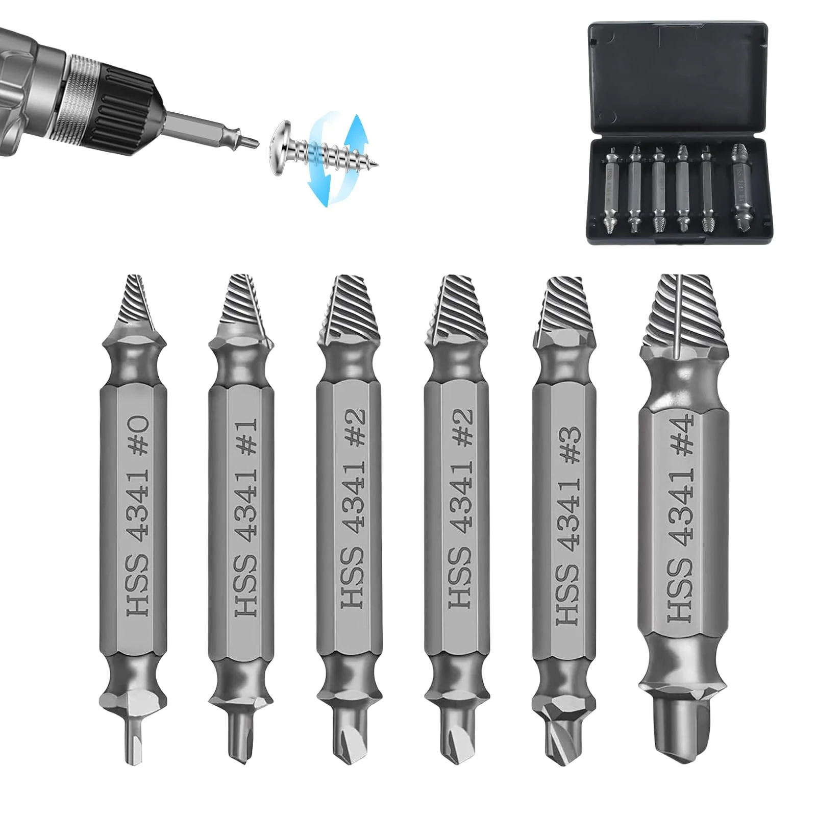 6 Piece Screw Extractor Set, Damaged Screw Remover Extractor, Double Head Left Extractor Set, Multiple for Removing Slightly Damaged Screws, Made of HSS 4341