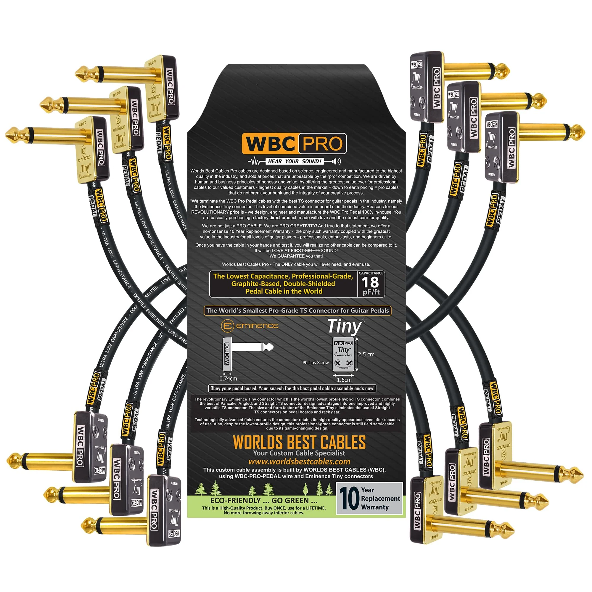 6 Units - 12 Inch - WBC-PRO-Pedal – 22 AWG - Low-Cap (18pF/ft) – Pro-Grade – Graphite-Based - Dual-Shielded Pedal, Effects, Patch, Instrument Cable with Eminence Tiny Gold Plated Angled TS Connectors