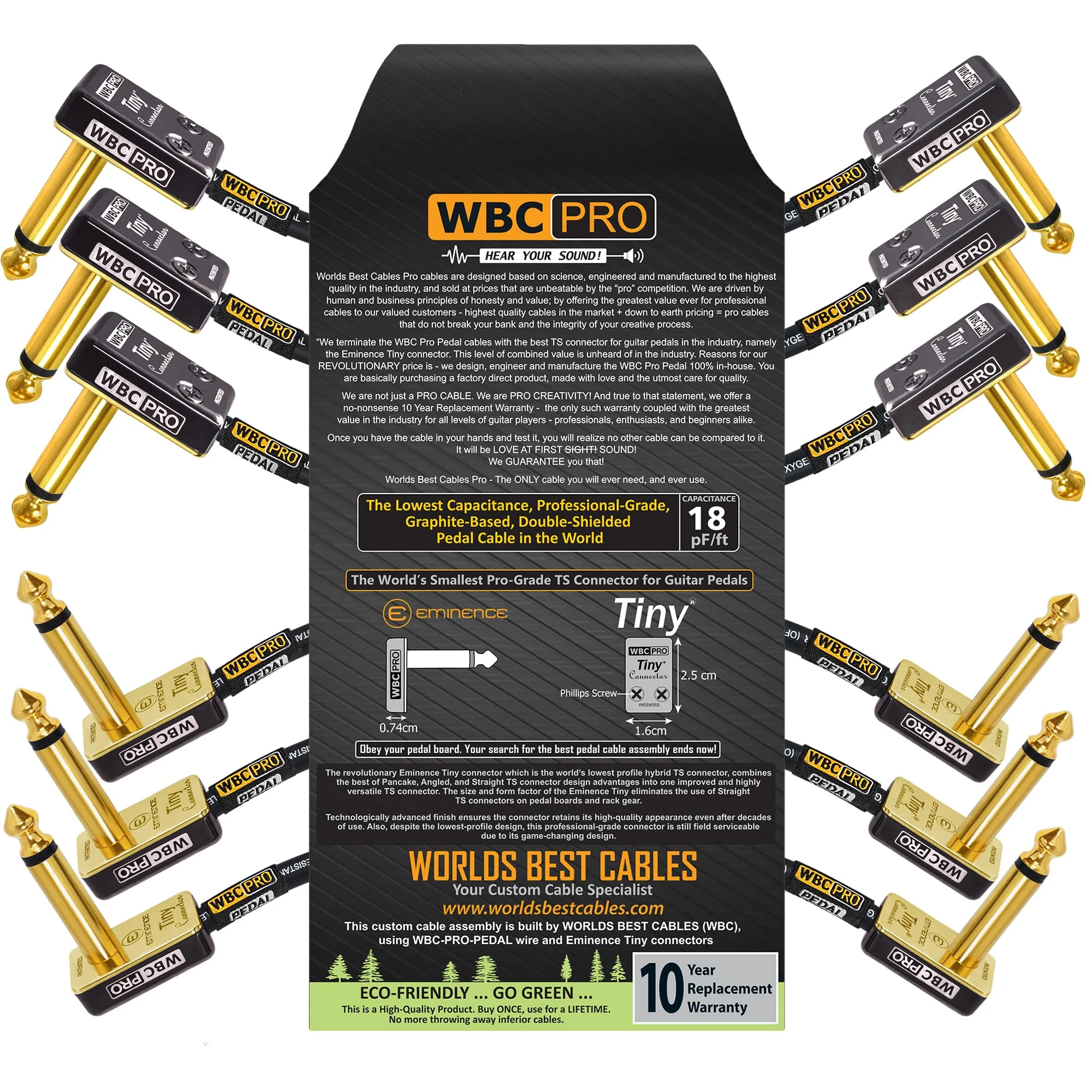 6 Units - 4 Inch - WBC-PRO-Pedal – 22 AWG - Low-Cap (18pF/ft) – Pro-Grade – Graphite-Based - Dual-Shielded Pedal, Effects, Patch, Instrument Cable with Eminence Tiny Gold Plated Angled TS Connectors