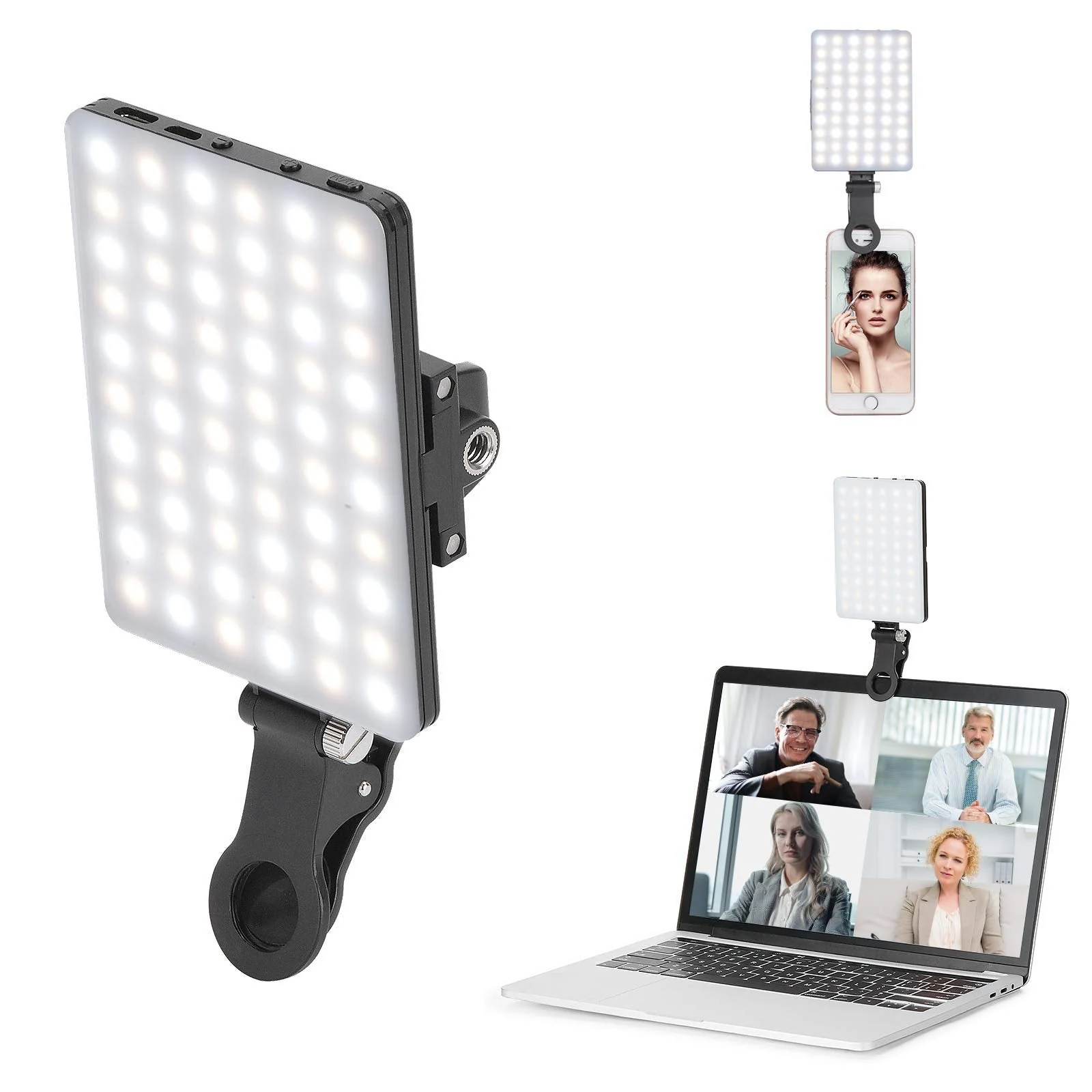 60 LED High Power Rechargeable Clip Fill Video Conference Light with Front & Back Clip, Adjusted 3 Light Modes for Phone, iPhone, Android, iPad, Laptop, for Makeup, TikTok, Selfie, Vlog 2000 Mah - Black