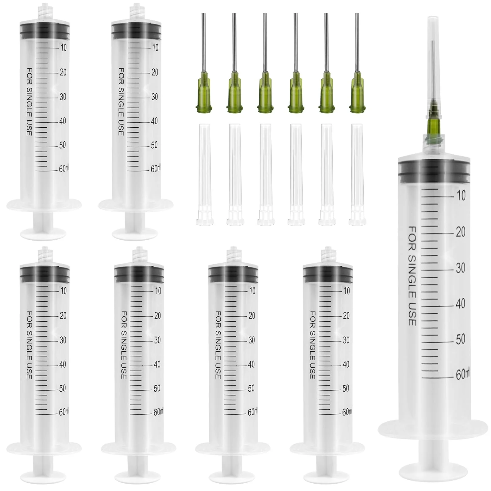 60 ml Plastic Syringe, Pack of 6 Syringes with Needle, Reusable Dosing Syringe, Syringe with 6 Needle Caps, Syringes for Scientific Laboratories, Measuring Liquids Industry