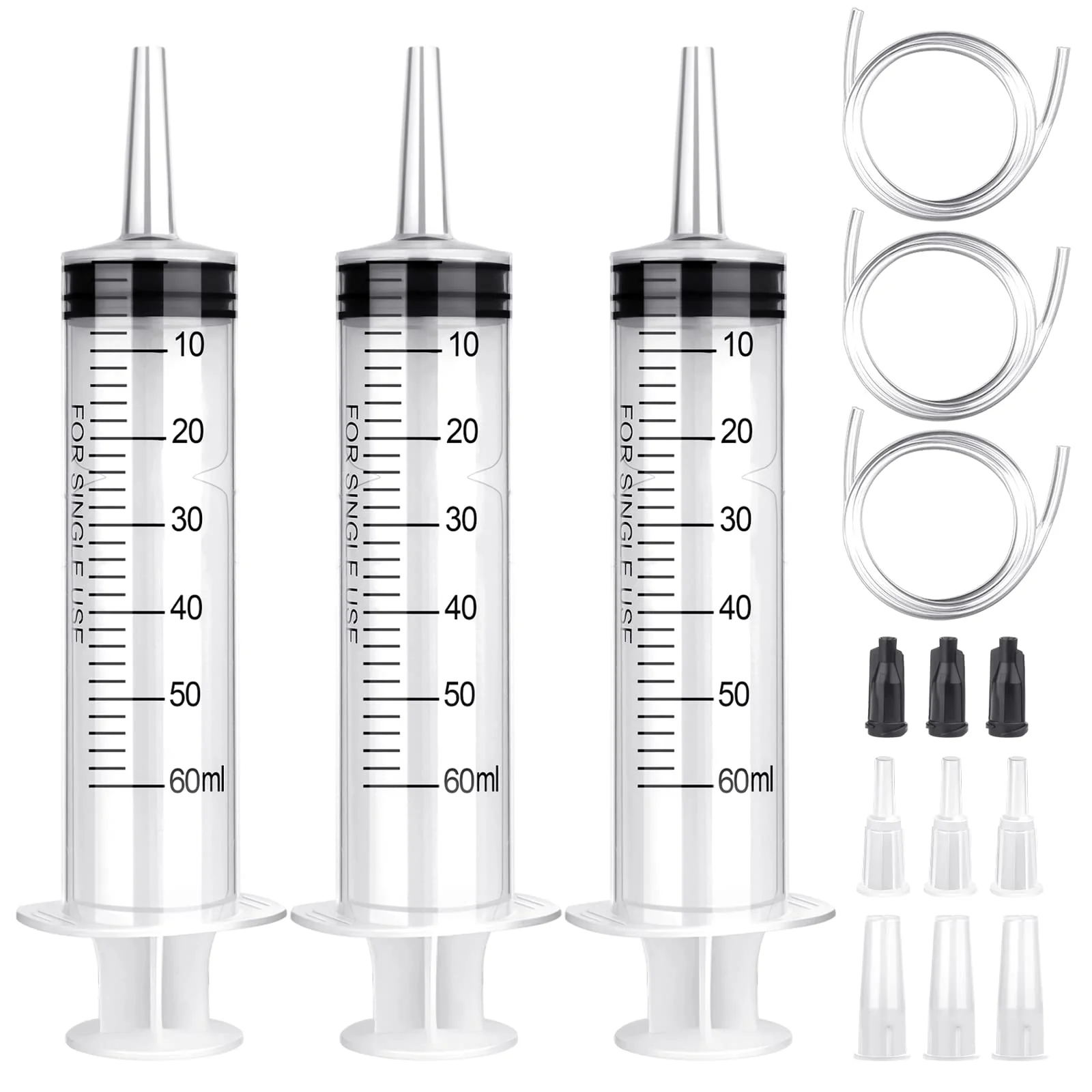60 ml syringe with hose, 3 pieces reusable syringes 60 ml (50 ml) set, syringe without needle for scientific laboratories, garden irrigation, industry