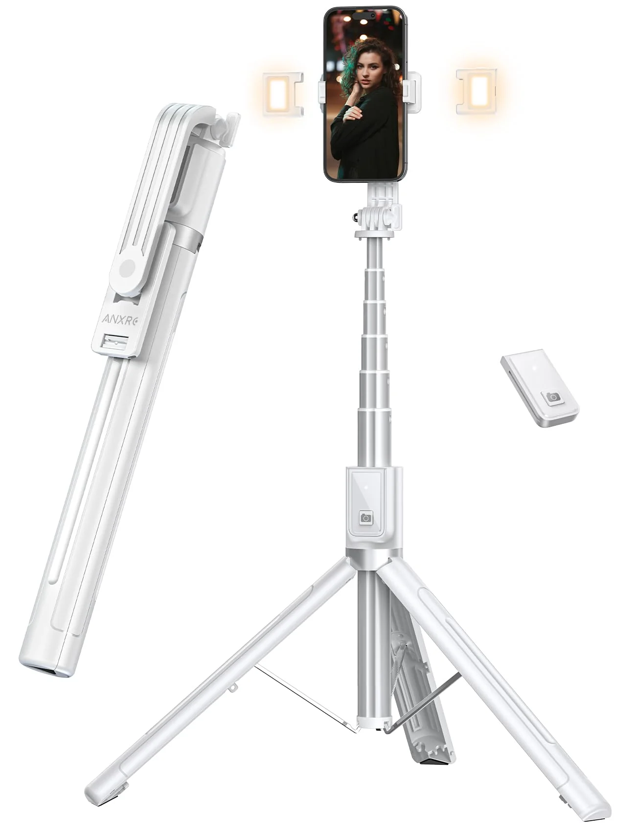60" Phone Tripod & Selfie Stick with Light, [All in 1] Travel Phone Tripod Selfie Stick Tripod with Remote for Cell Phone Compatible with 4''-7'' iPhone Android Phone Tripod Stand for Vlogging White