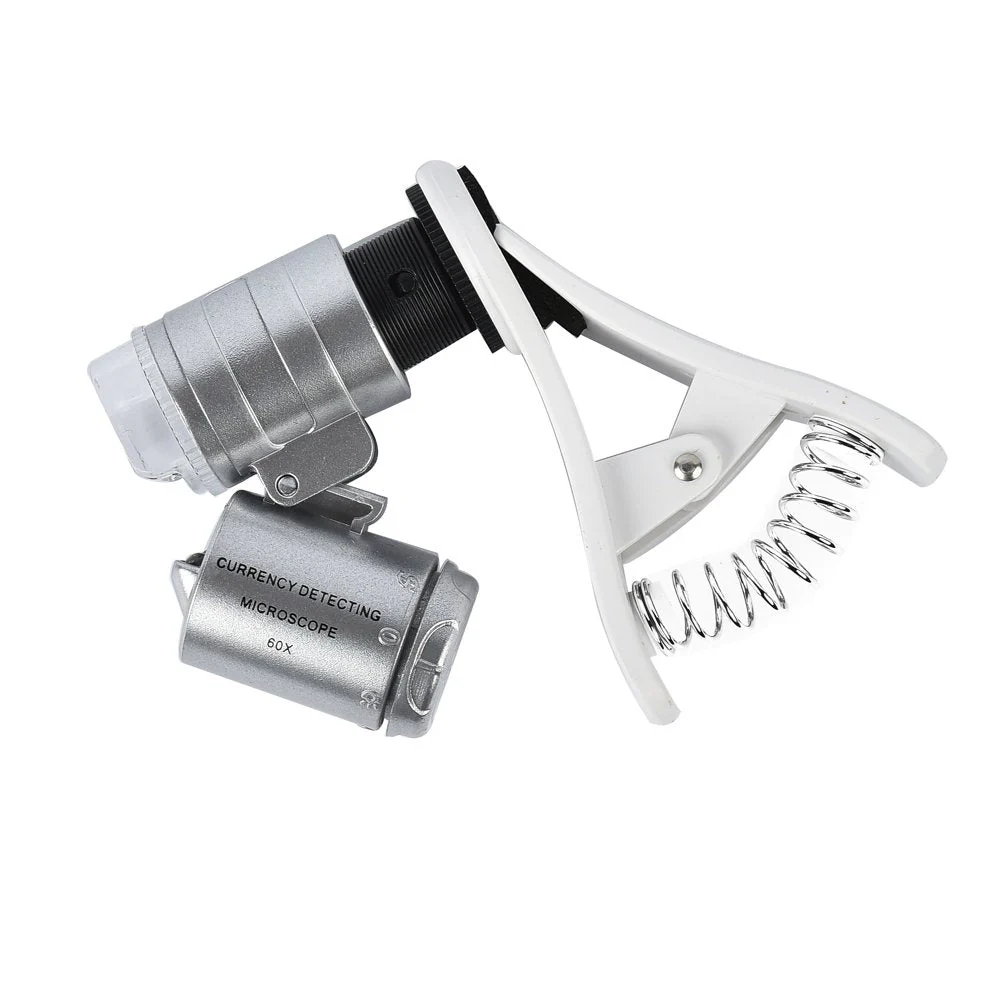 60x Zoom Microscope Magnifier LED + Uv Light Clip-on Micro Lens for Universal Mobile Phones Universal Clamp for iPhone 7s Plus/7s/7/7plus/ 6 6s 6Plus/ 5 Samsun/HTC
