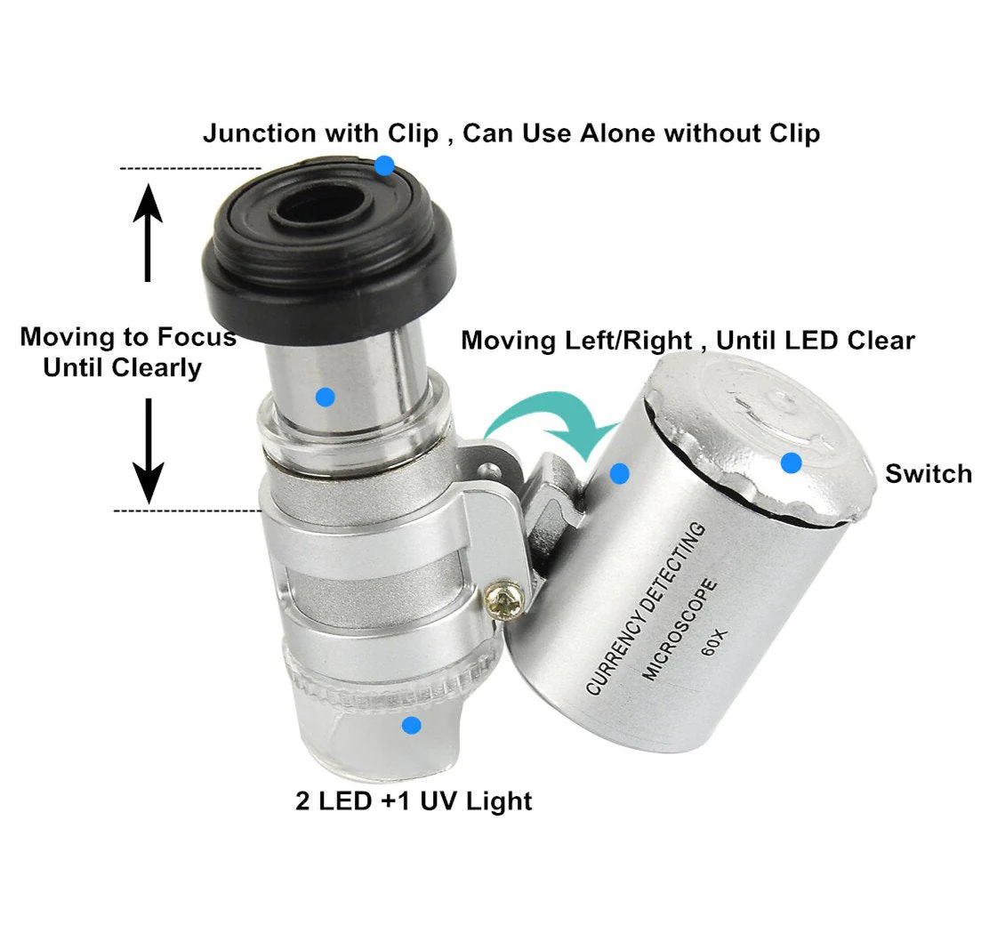 60x Zoom Microscope Magnifier LED + Uv Light Clip-on Micro Lens for Universal Mobile Phones Universal Clamp for iPhone 7s Plus/7s/7/7plus/ 6 6s 6Plus/ 5 Samsun/HTC - Image 2