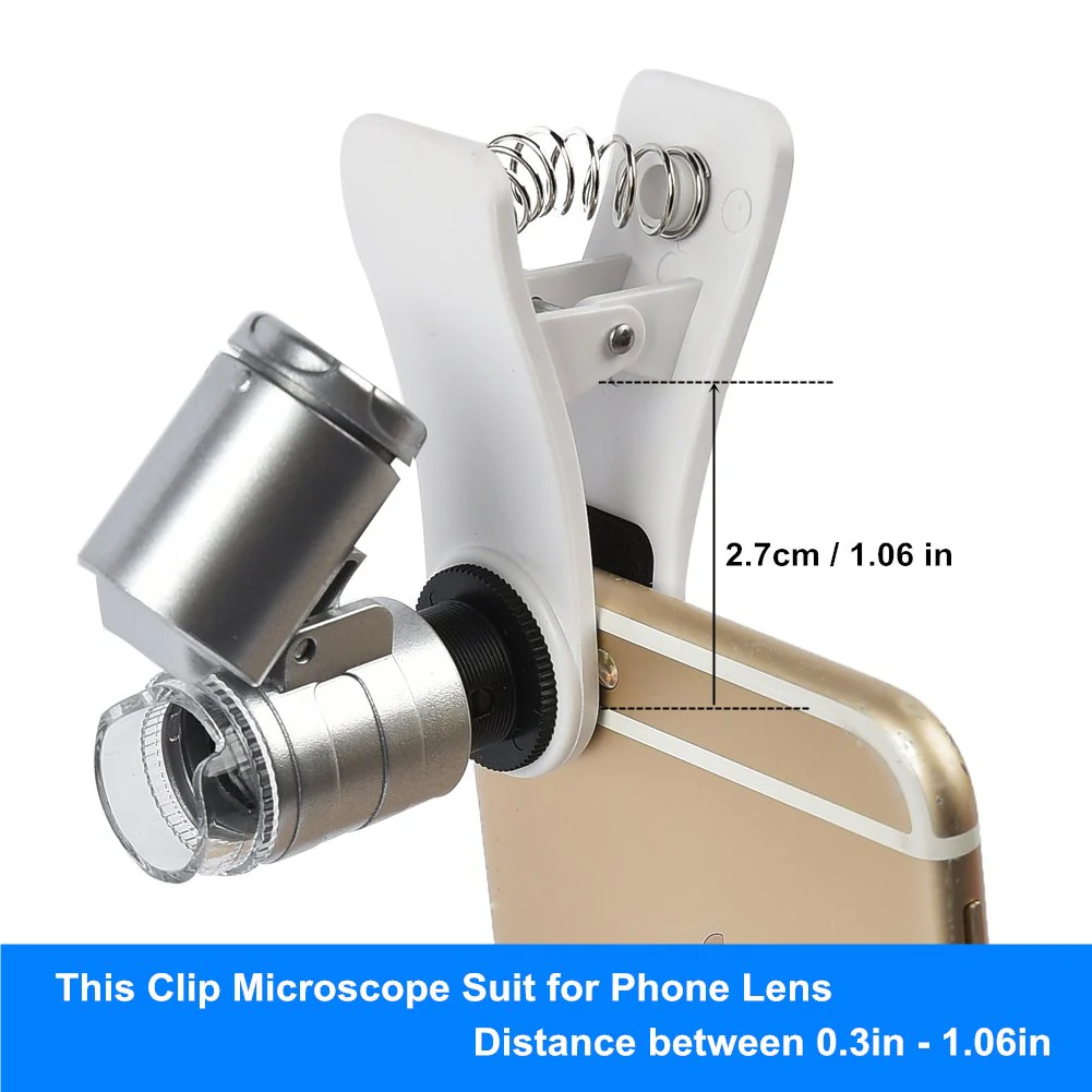 60x Zoom Microscope Magnifier LED + Uv Light Clip-on Micro Lens for Universal Mobile Phones Universal Clamp for iPhone 7s Plus/7s/7/7plus/ 6 6s 6Plus/ 5 Samsun/HTC - Image 6