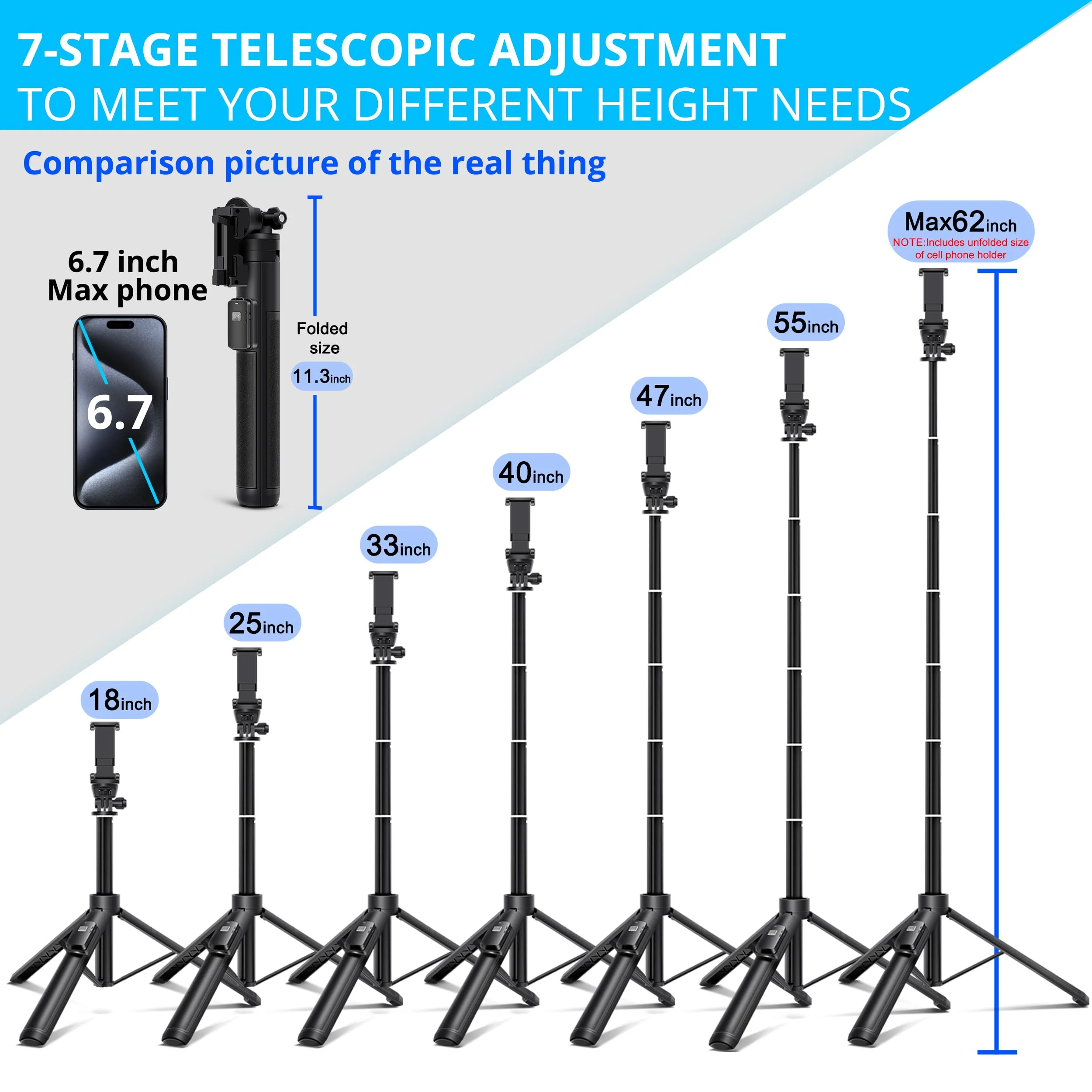 62-inch Selfie Stick and Tripod Legs for Cell Phone and Camera, Portable Travel Tripod Stand, Remote Control, Compatible with iPhone & Android and Camera (Black) Black - Image 2