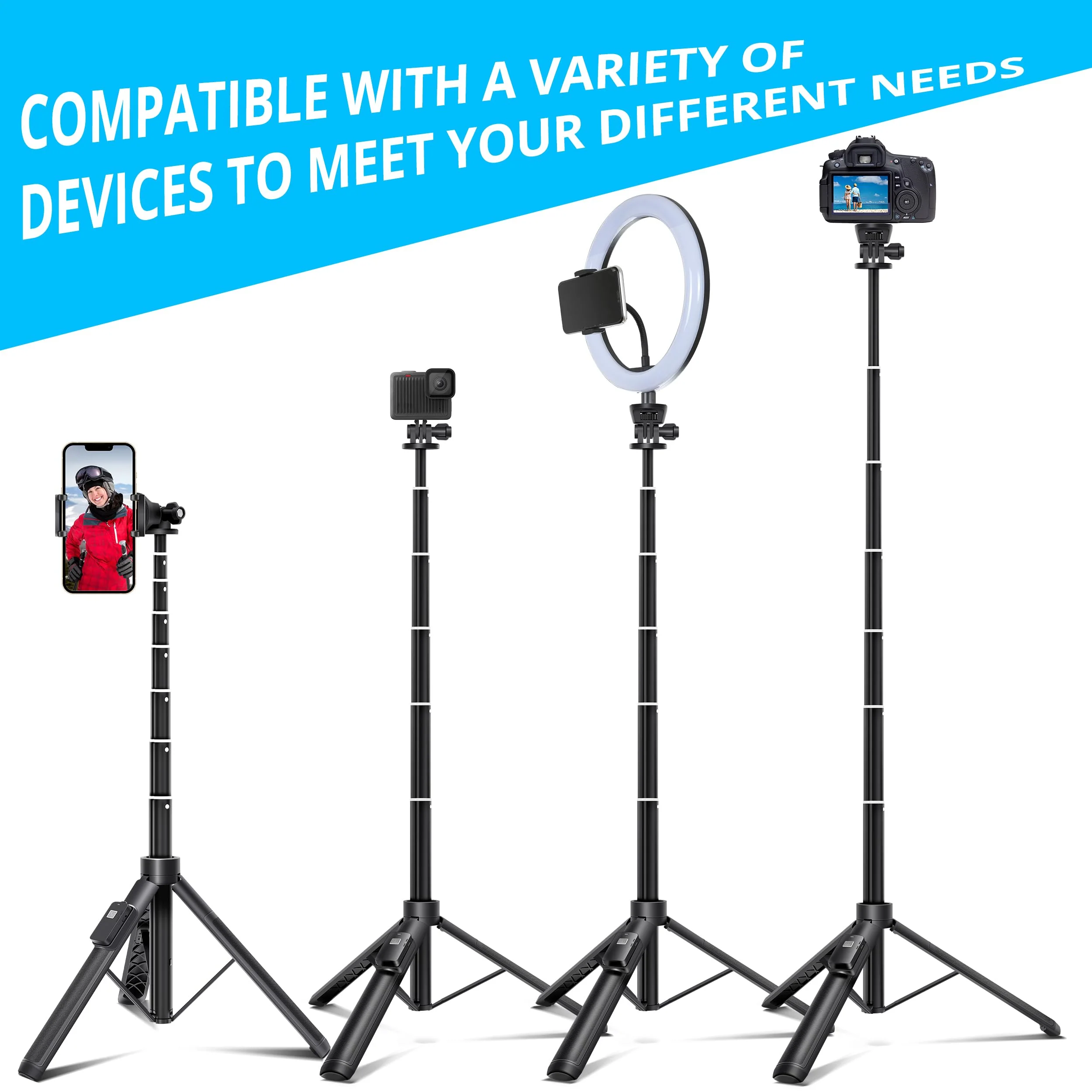62-inch Selfie Stick and Tripod Legs for Cell Phone and Camera, Portable Travel Tripod Stand, Remote Control, Compatible with iPhone & Android and Camera (Black) Black - Image 3
