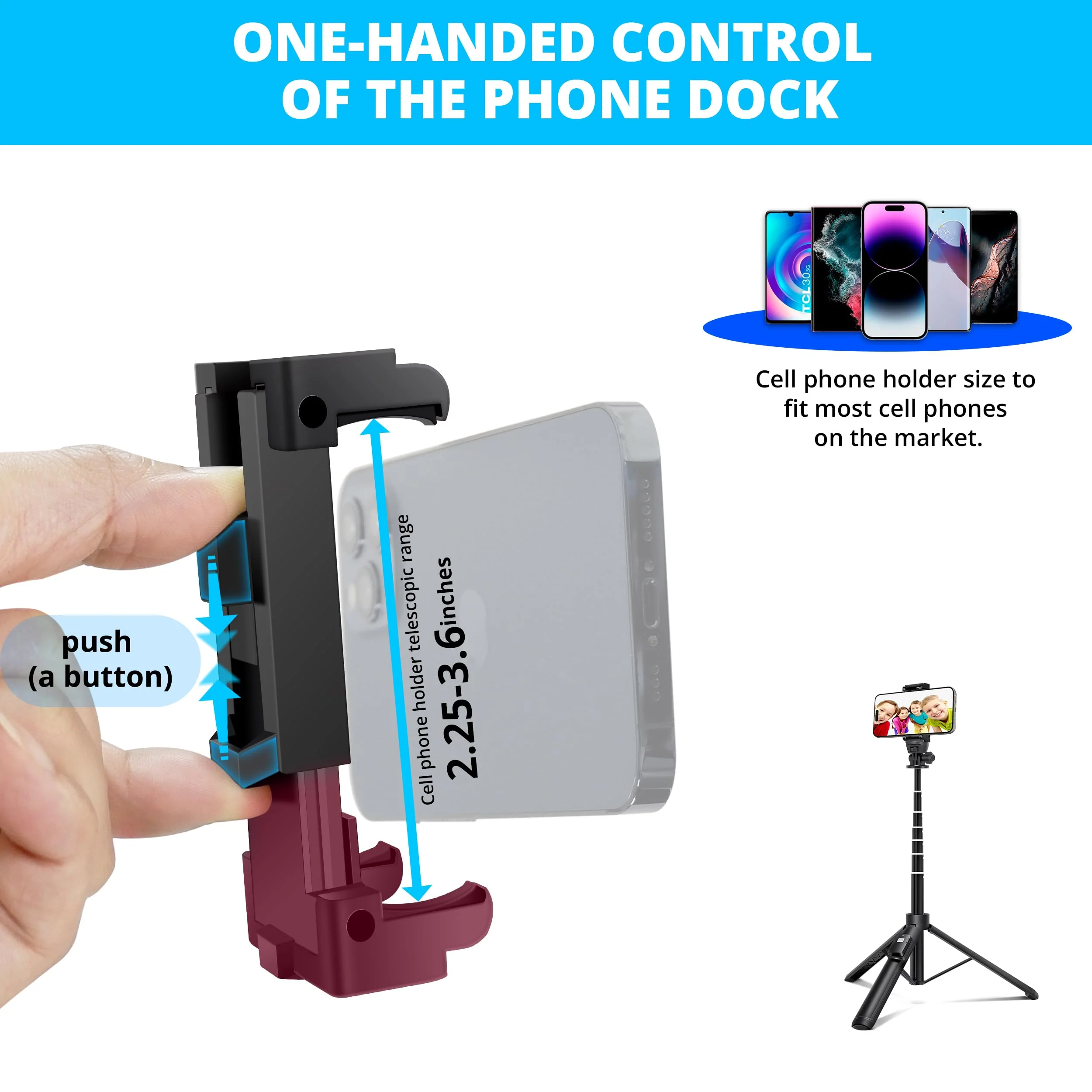 62-inch Selfie Stick and Tripod Legs for Cell Phone and Camera, Portable Travel Tripod Stand, Remote Control, Compatible with iPhone & Android and Camera (Black) Black - Image 5