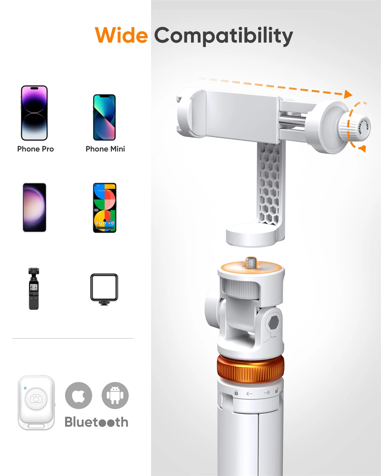 62" Tripod for iPhone, Sturdy Selfie Stick Tripod with Remote, Lightweight&Solidest Portable Cell Phone Tripod for iPhone Pro Max/Android [White] - Image 5