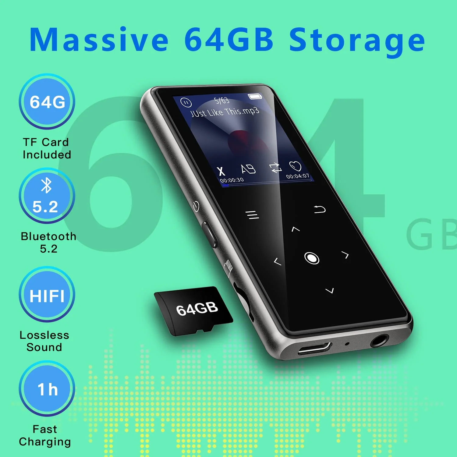 64GB MP3 Player with Bluetooth 5.2, AiMoonsa Music Player with Built-in HD Speaker, FM Radio, Voice Recorder, HiFi Sound, E-Book Function, Earphones Included Black - Image 3