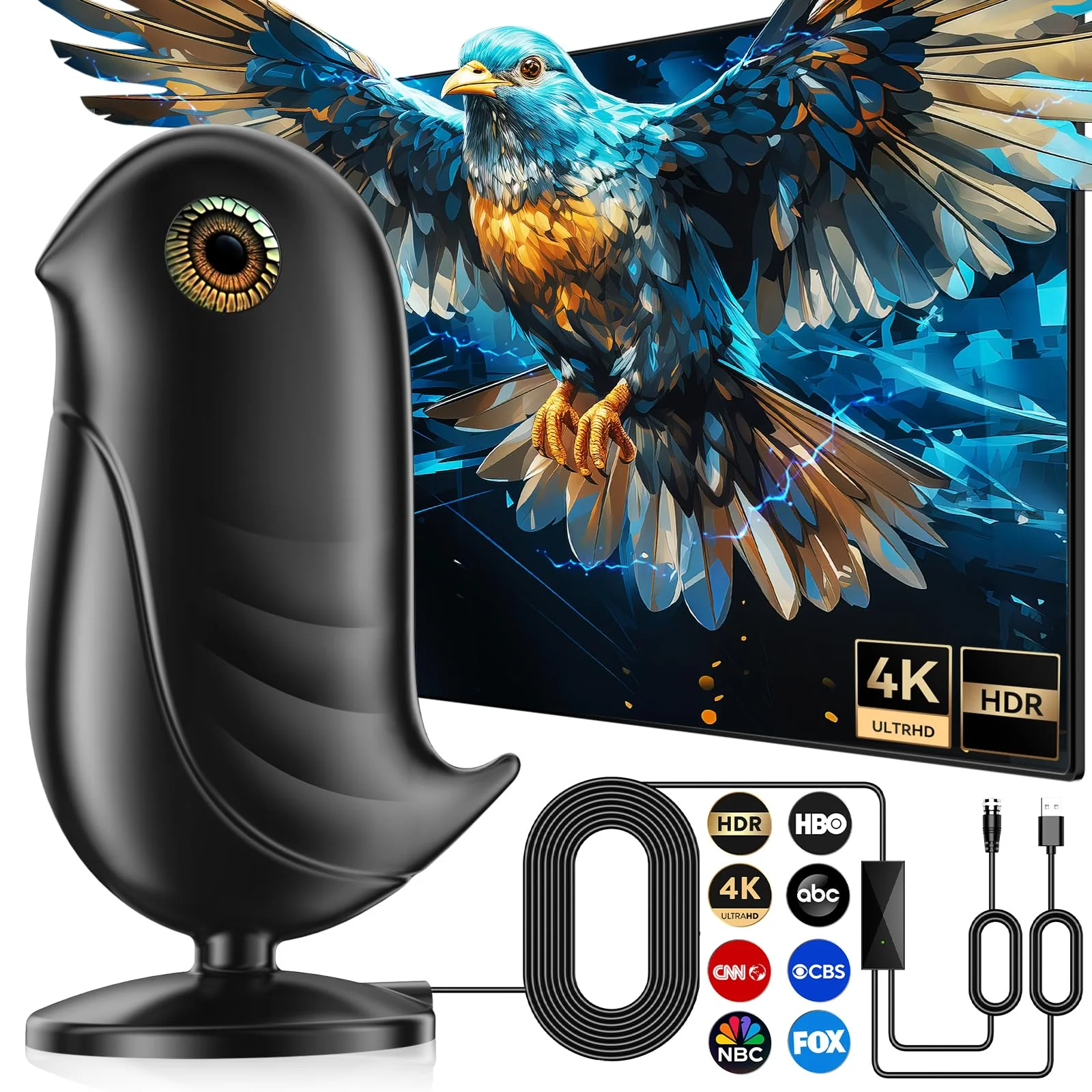 650+ Miles Coverage Range TV Antenna Indoor Supports 2K 4K for Smart TV Local Channels, Signal Amplifier and 18ft Cable,digital tv antenna indoor BLACK