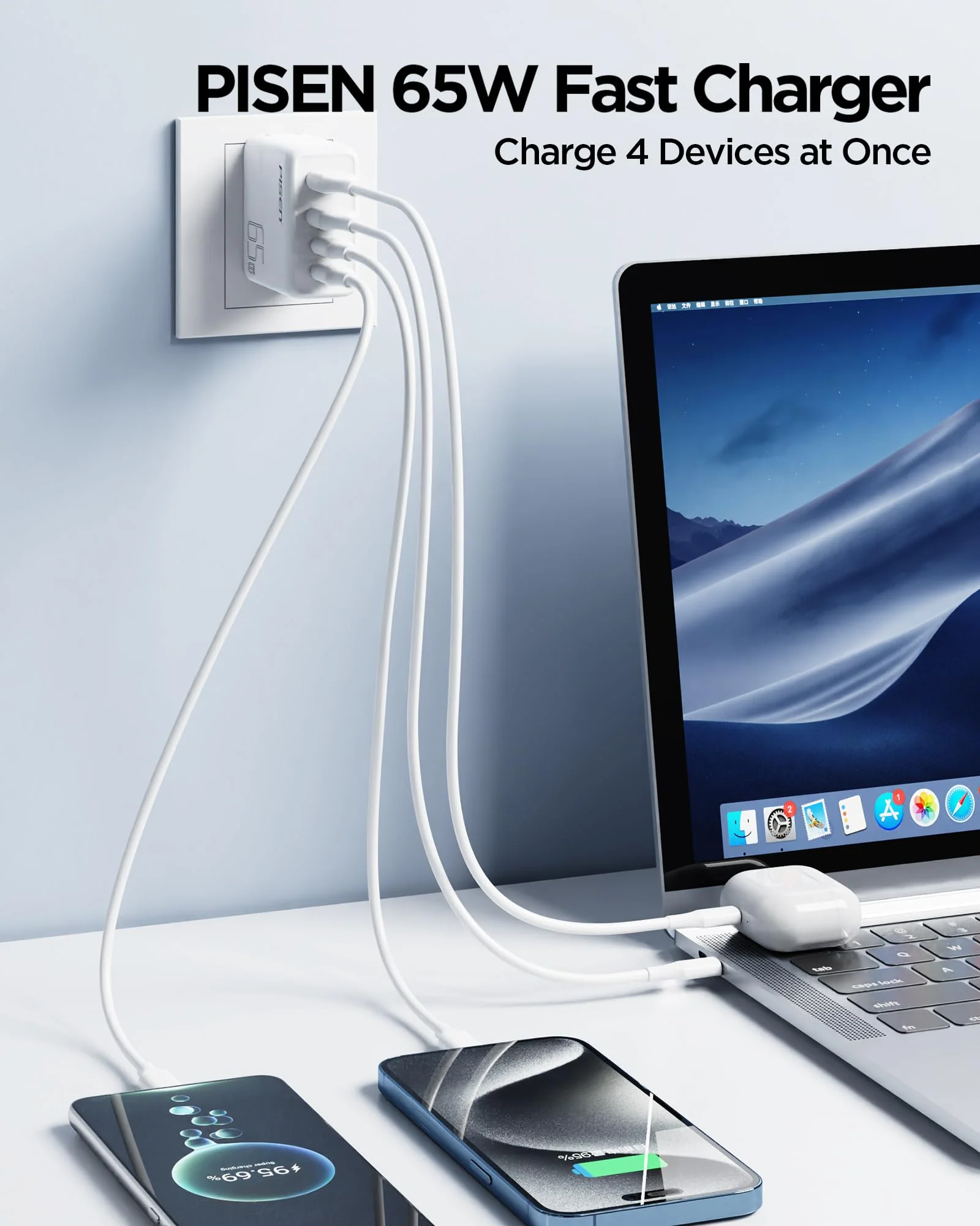 65W USB C Charger - USB C Fast Charger Block with 4FT Type C to C Cable, GaN Charger PPS 4-Port Fast Compact Foldable, USB Wall Charger for MacBook Pro/Air, iPad Pro, Galaxy S23, iPhone Series - Image 2