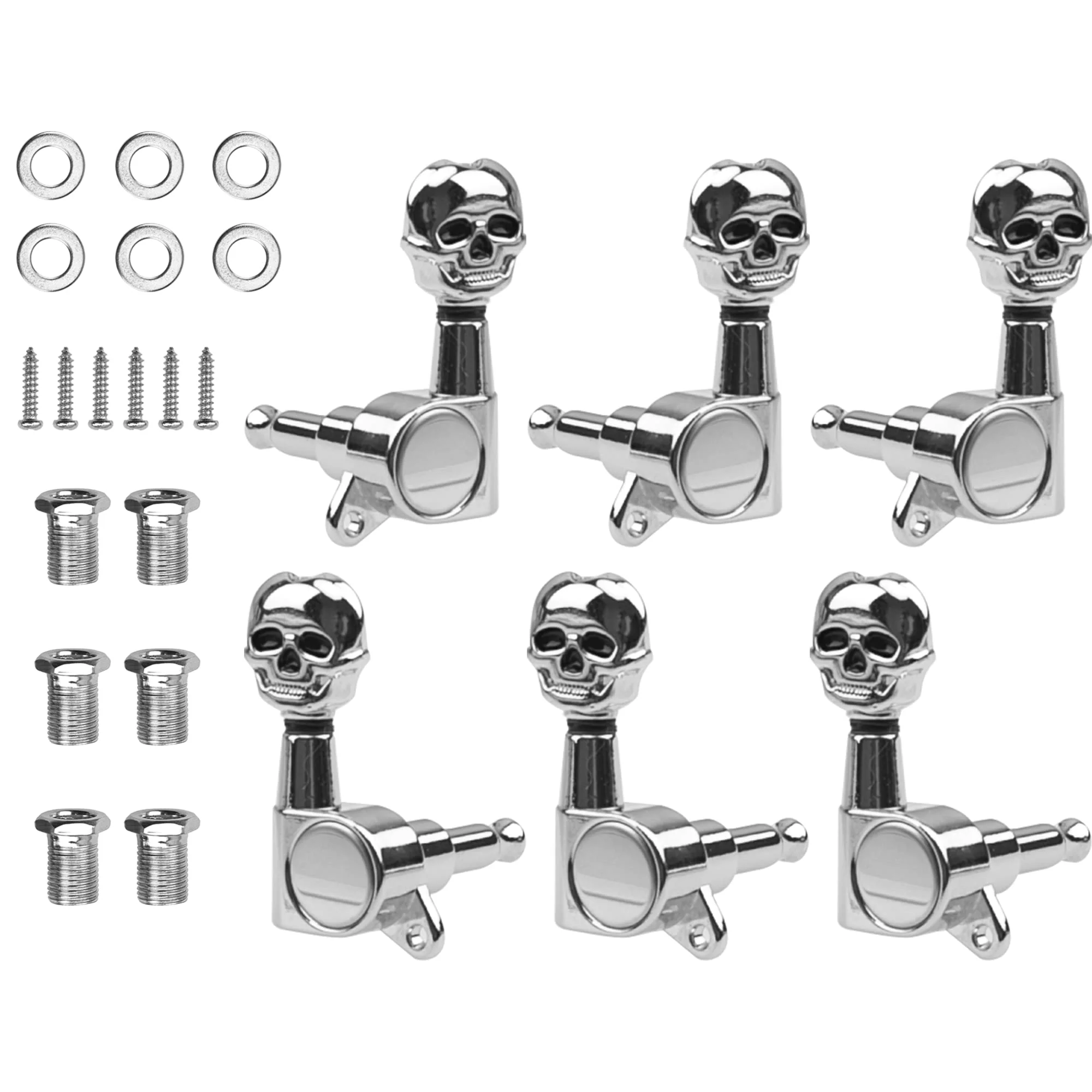 6Pcs Yootones 3L3R Skull Guitar Sealed-gear Tuning Pegs Machine Head Knobs Machine Head Tuners Compatible with Electric Guitar Acoustic Guitar Parts (Silver)