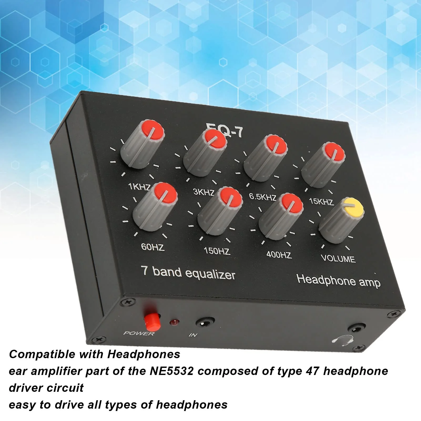 7 Band Sound Equalizer, Output Input, 12dB High Bass Adjustment, Two channel Digital Equalizer, 3.5mm Interface, for Recording, Streaming, Podcasting - Image 2