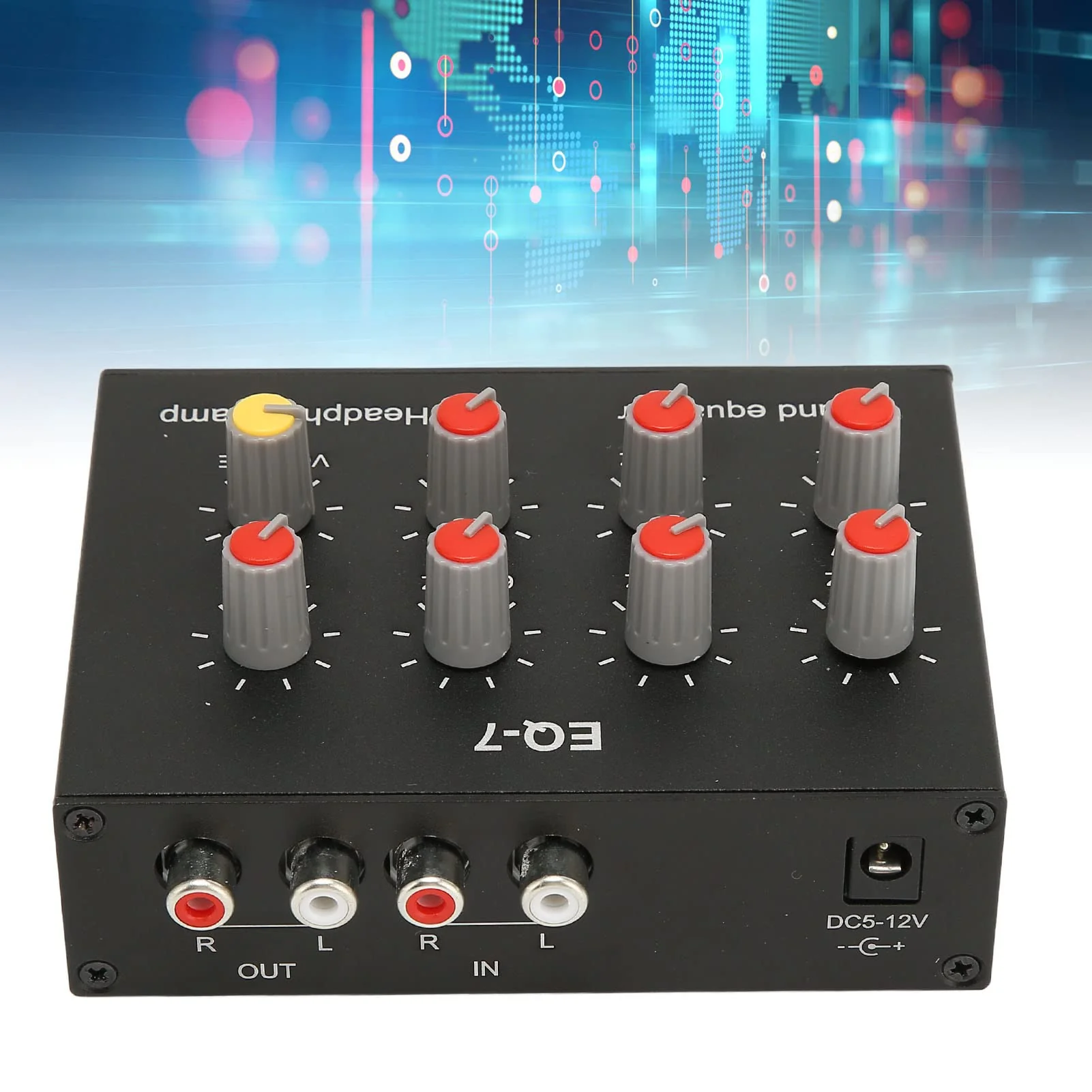 7 Band Sound Equalizer, Output Input, 12dB High Bass Adjustment, Two channel Digital Equalizer, 3.5mm Interface, for Recording, Streaming, Podcasting - Image 8