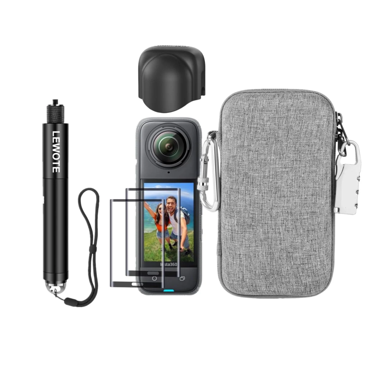 7 in1 Compatible with Insta360 X4 Accessories Kit[Silicone Len Cap][Extendable Selfie Stick][2Pcs Screen Protector Film][Carrying Case Bag with Carabiner and Anti-Loss Lock]