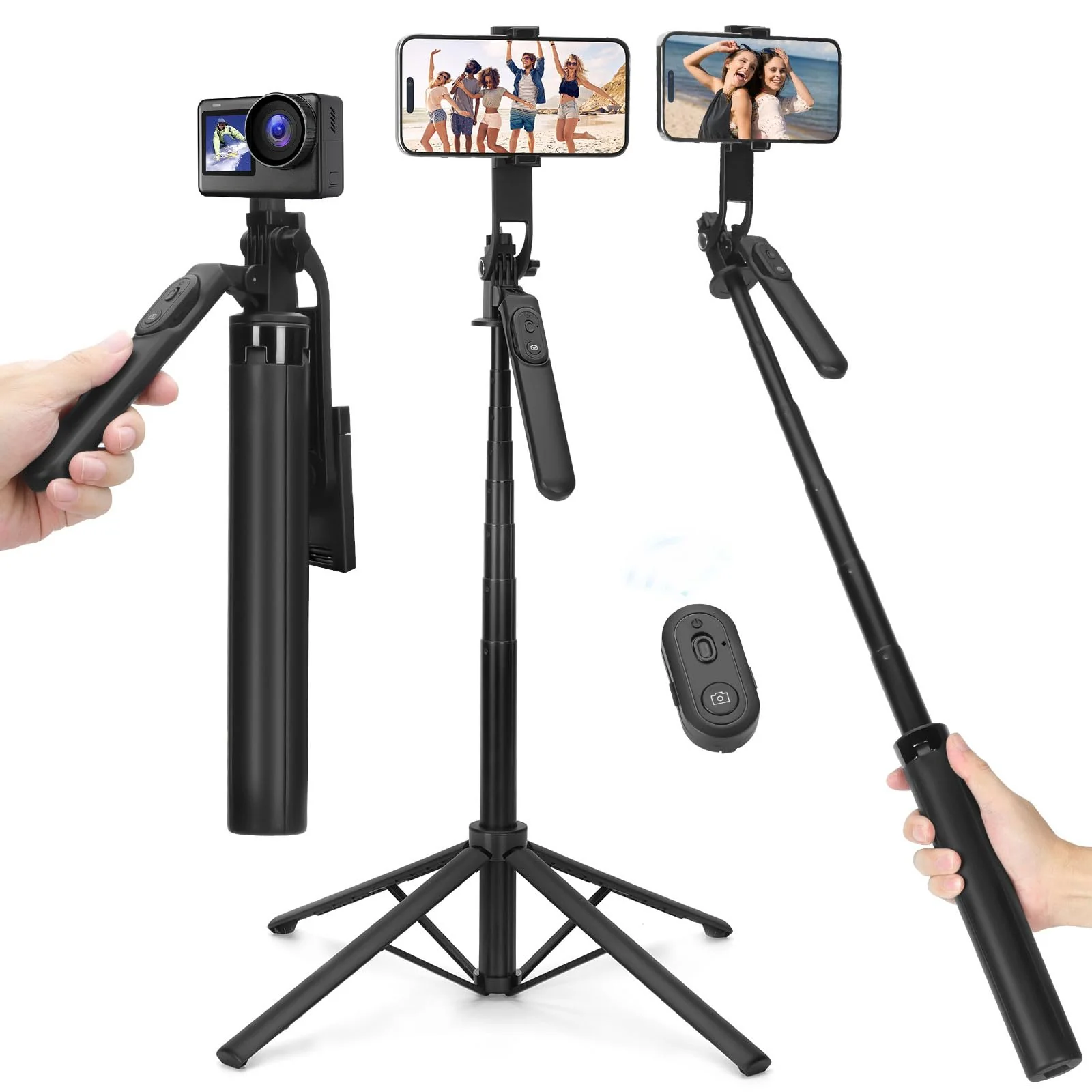70" Selfie Stick Phone Tripod with Rechargeable Remote,Portable Extendable 3 in 1 Cell Phone Tripod Stand for Video Recording,Travel Selfie Stick Tripod for iPhone and Android