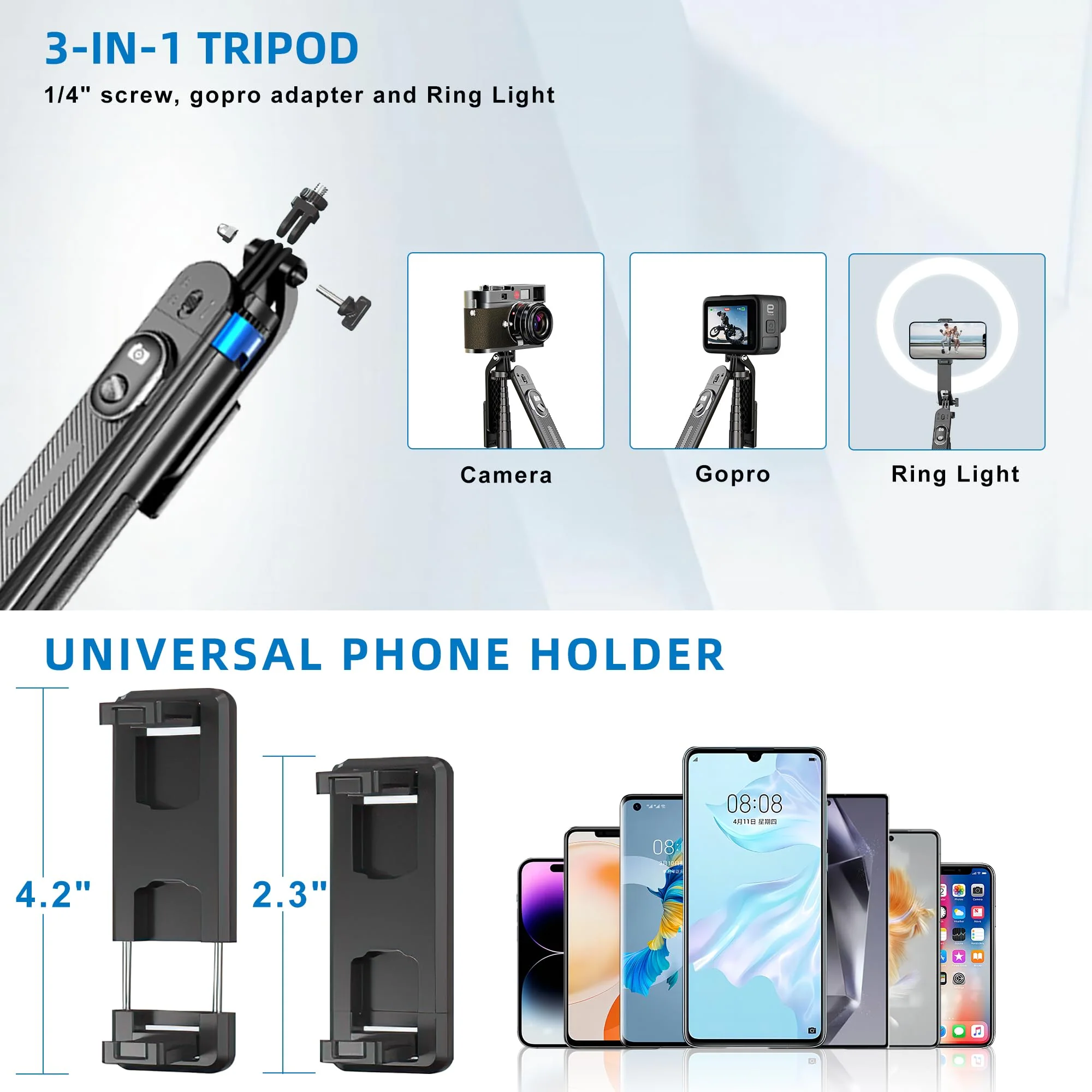 71" Phone Tripod & Selfie Stick Tripod Stand with Remote, 1/4" Screw Thread Adapter, Aluminum Alloy Extendable Tripod Quadripod Stand, Tall Travel Tripod Phone Holder for iPhone/Camera/GoPro - Image 2
