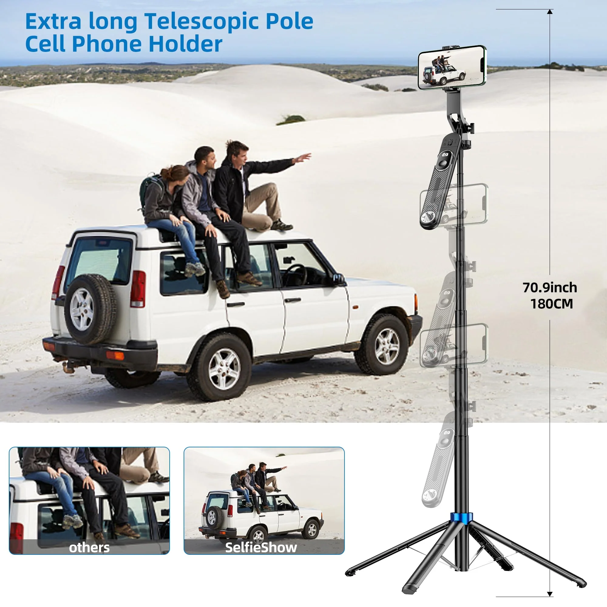 71" Phone Tripod & Selfie Stick Tripod Stand with Remote, 1/4" Screw Thread Adapter, Aluminum Alloy Extendable Tripod Quadripod Stand, Tall Travel Tripod Phone Holder for iPhone/Camera/GoPro - Image 4
