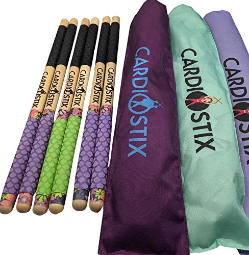 8.5oz Cardio Drum Sticks per set (1 PAIR WITH BAG) Bundle Weighted Double Grip w/Bag Premium American Hickory Wood | Drumming, Fitness (Spring Bouquet Surprise grip color w/bag) Spring Bouquet Surprise grip color w/bag