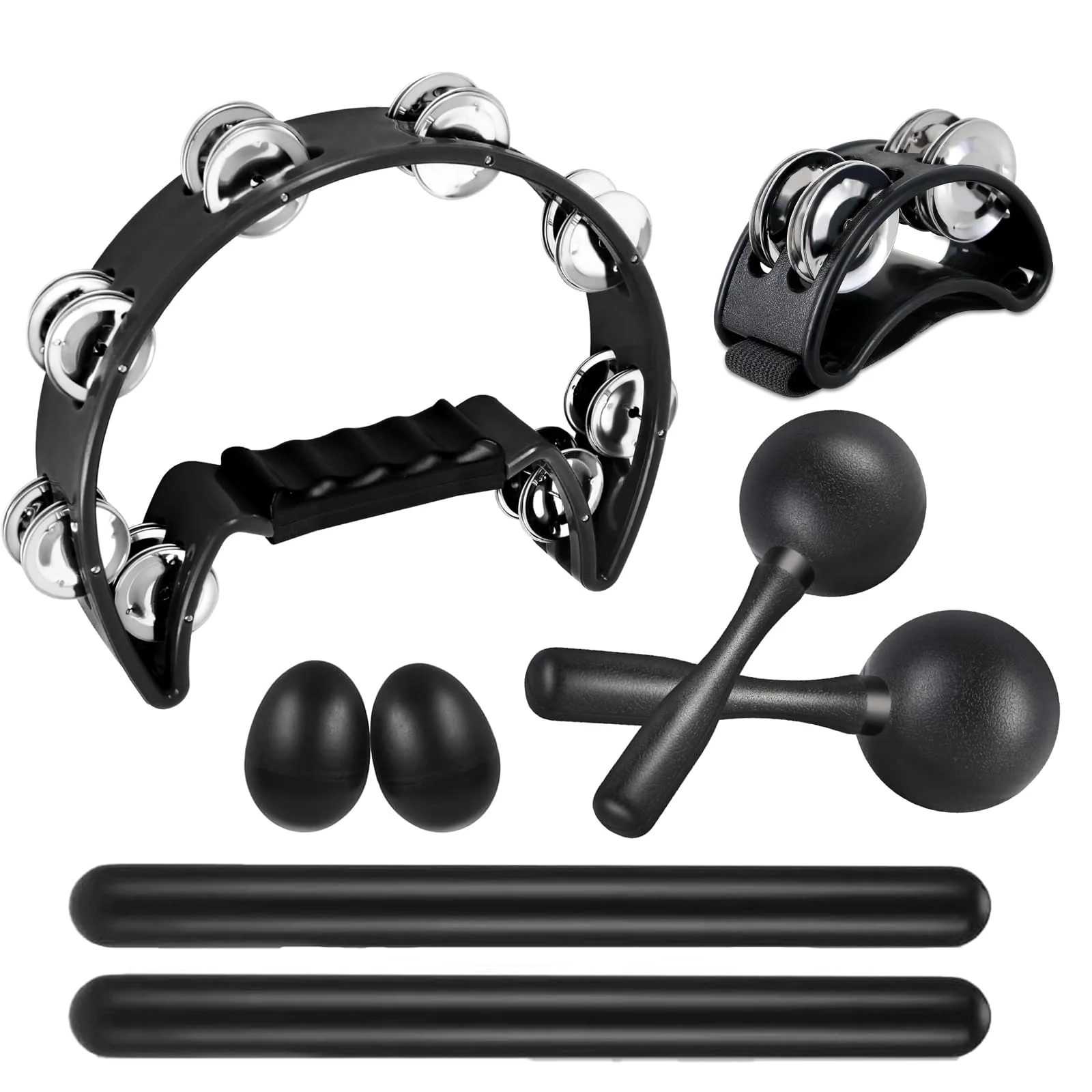 8 Pcs Tambourines for Adults Metal Jingles Half Moon Tambourine, Foot Tambourine, Wood Rhythm Sticks，Egg Shakers, Sand Hammer, Hand Percussion Instrument Set for Party, KTV