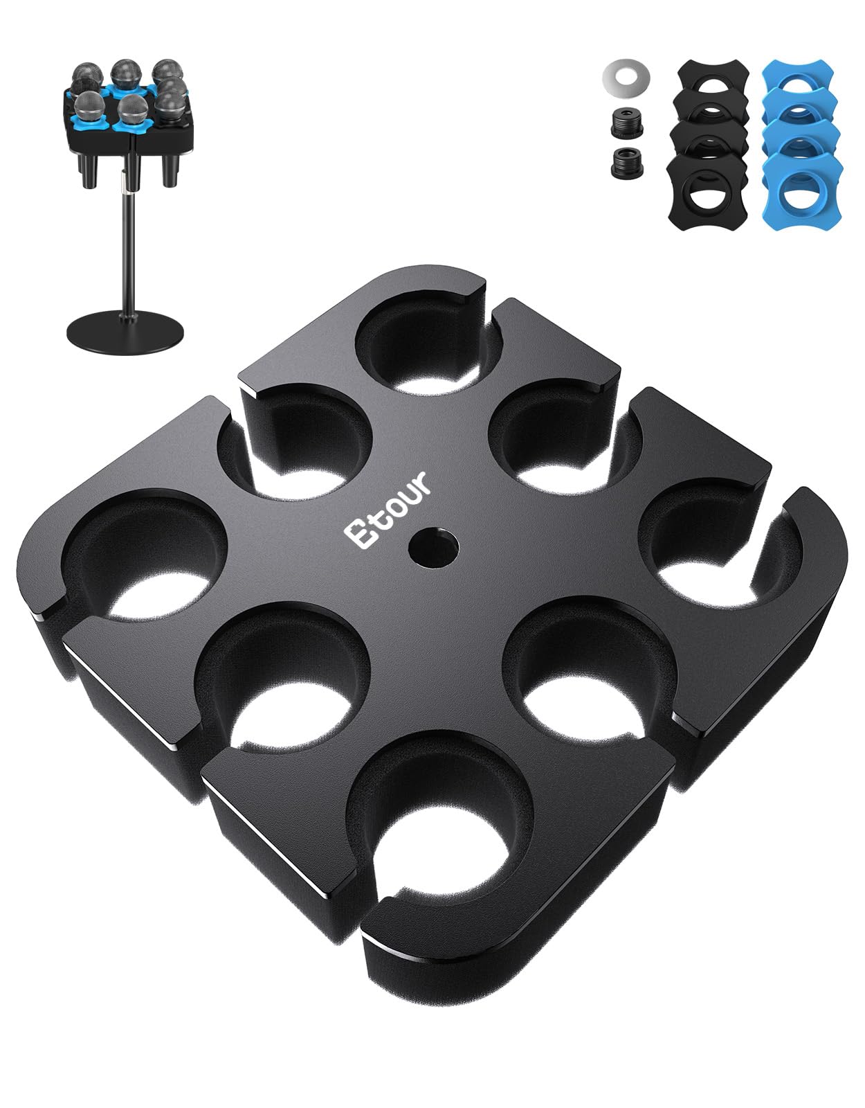 8-Slot Multi Microphone Holder, Alloy Base & Foam Padding & Anti-Roll Ring, Compatible with 5/8", 3/8" and 1/4" Threaded Stand, Wired & Wireles Mics Organizer and Display for Studio and Stage Mic UP to 8 (Foam)