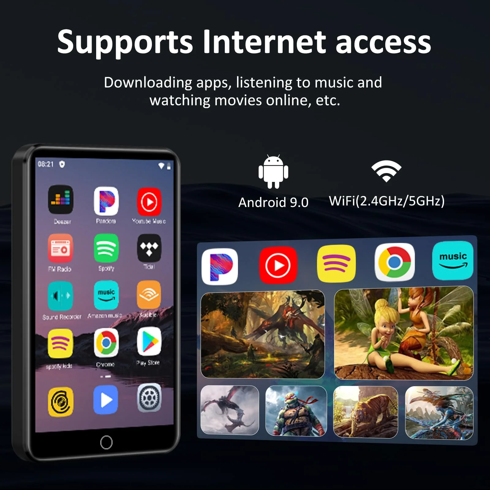 80GB MP3 Player with Bluetooth and WiFi, 4-inch Touch Screen MP3 Player with Bluetooth ， with Spotify, SpotifyKids, Audible, Andora, Amazon Player, MP4&MP3 Player up to 1TB Black - Image 2