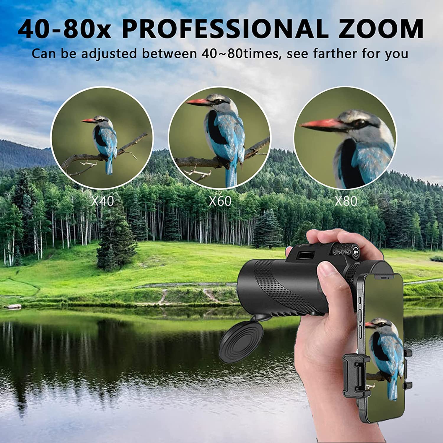 80x100 Monocular-Telescope High Powered for Smartphone Monoculars for Adults High Definition Monocular Telescope for Stargazing Hunting Wildlife Bird Watching Travel Camping Hiking black - Image 8
