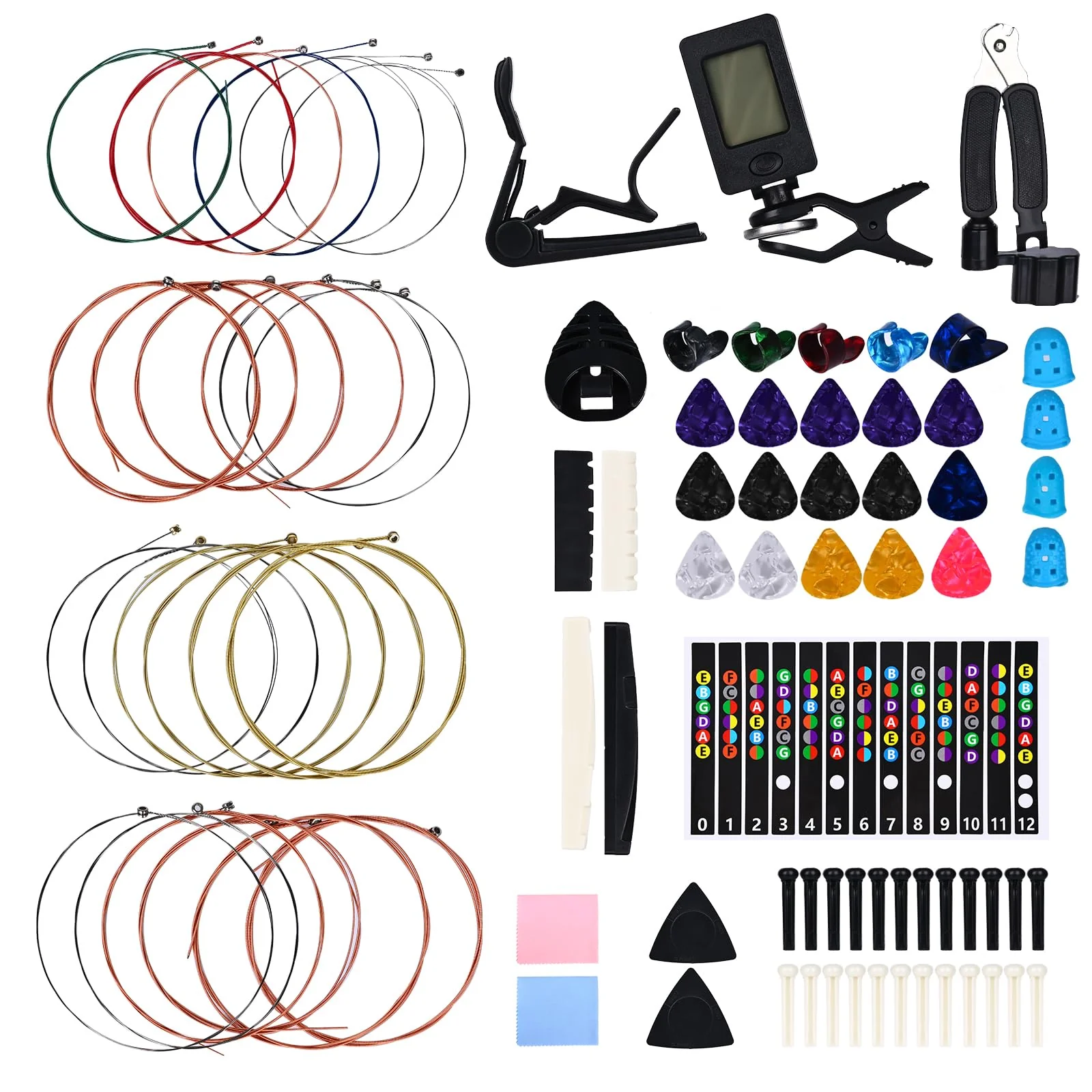 85PCS Guitar Accessories Kit, Include Acoustic Strings,Tuner,Capo,String Winder&Cutter,Picks,Bridge Pins,Nuts & Saddles,Finger Protector,Finger Picks,Fretboard Stickers for Guitar Players 85PCS