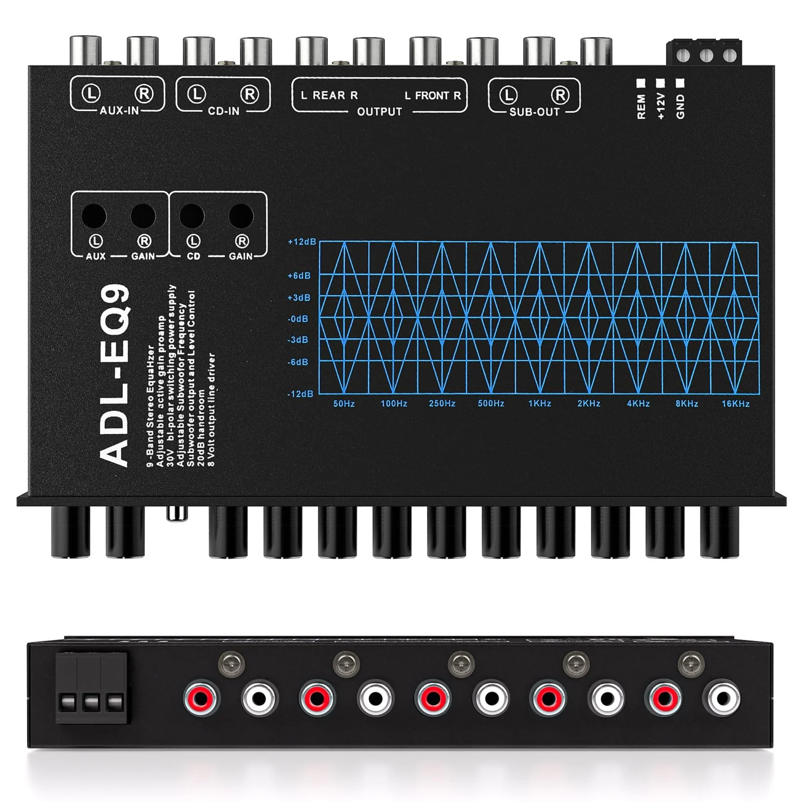9-Band Car Audio Equalizer, Car Graphic Equalizer EQ W/Front, Rear +Sub Output, 8V RMS Line Driver, Frequency Adjustable Audio Output for Car, Boat W/CD/AUX Input, White Light Illumination 9 - Band