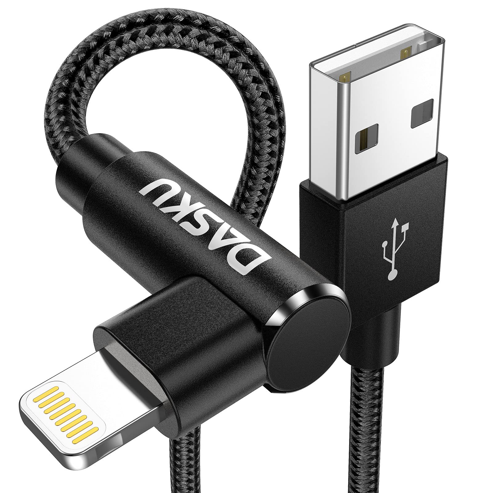 90 Degree iPhone Charging Cable 2Pack 10ft Right Angle Nylon Braided Lightning Charger Cord Compatible with iPhone 14 13 12 11 Pro Max XS XR X 8 7 6 5 Plus iPad(Black) USB-A Black