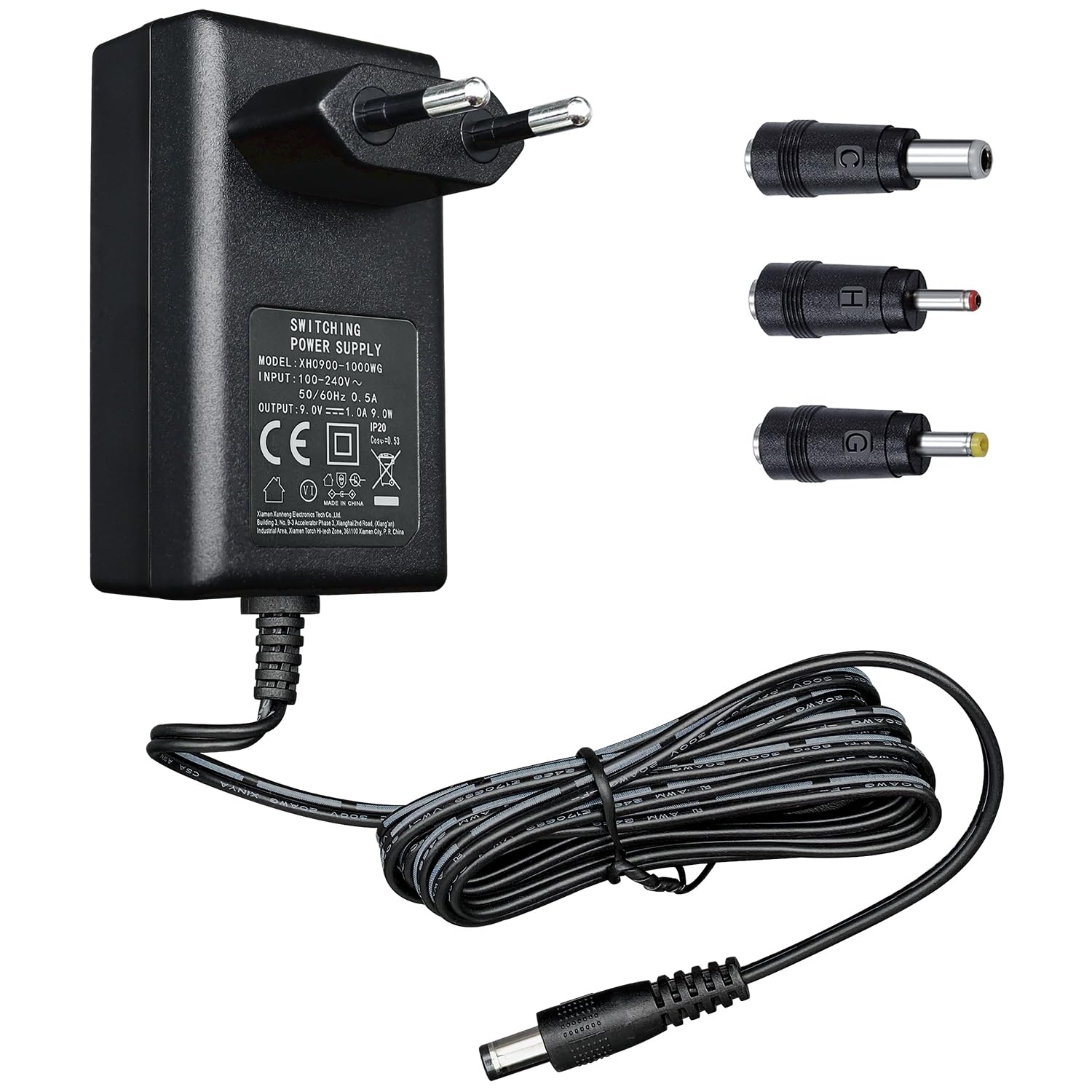 9V 1A/1000mA 1.8M Long Power Supply Adapter AC 100-240V to DC 9V 1A 9W Switching Plug with 3 Interchangeable Tips for Arduino UNO MEGA, Elliptical Trainer and More 9V Devices, CE Certified 9V-1A+3Tips