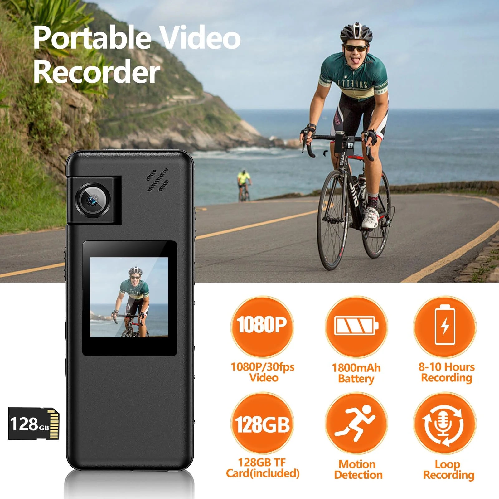 A32 128GB Body Camera, Portable Body Cam with 180° Rotatable Lens and Motion Detection, 1080P Camcorder with Audio and Video Recording for Outdoors Sports Police Delivery Cycling Helmet - Image 2