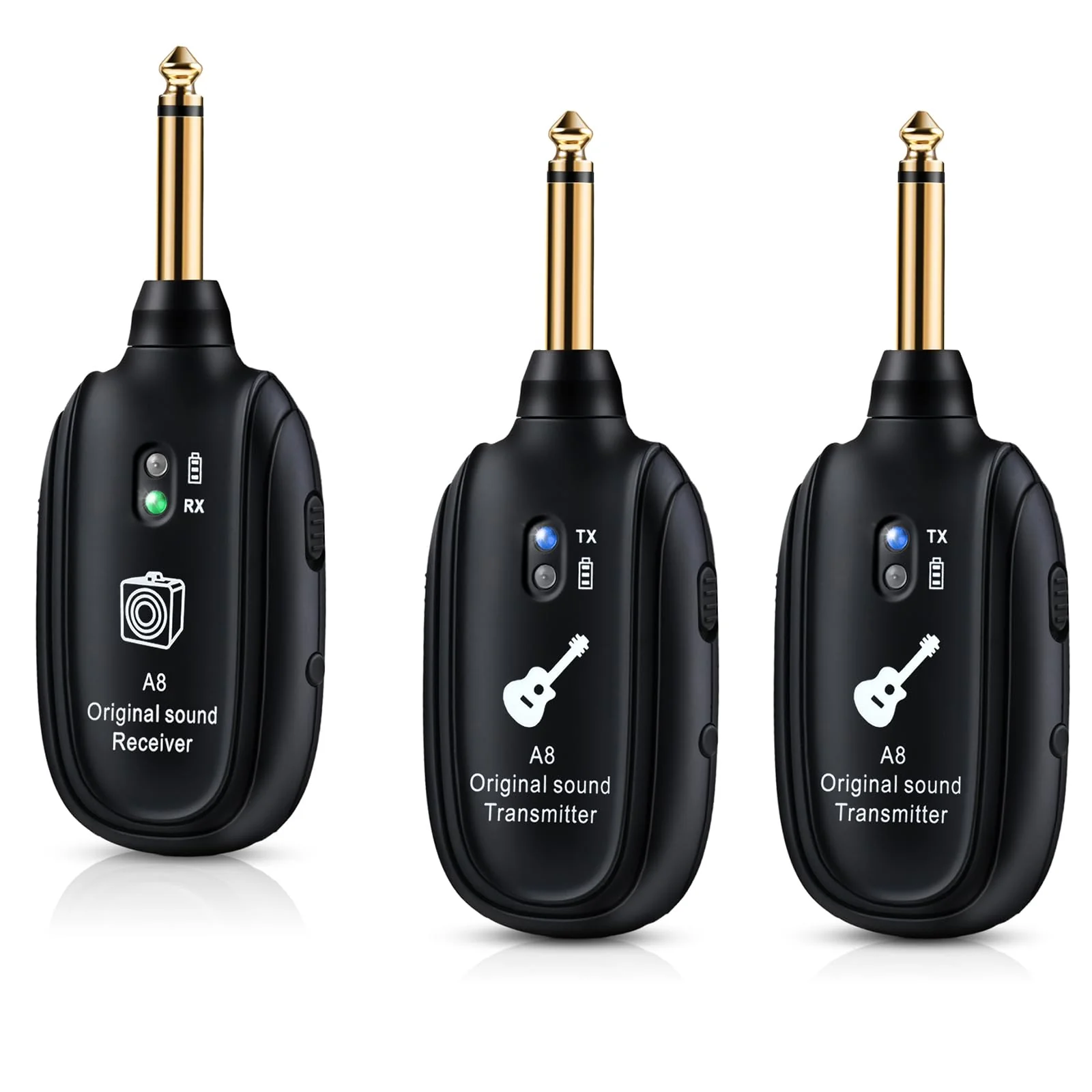 A8 Wireless Guitar Transmitter Receiver System, 2.4GHz Rechargeable, 24-bit/48KHz Audio, Low Latency <4ms for Electric Guitar & Bass, Wireless Audio Transmitter & Receiver (A8-2(2TX+1RX)) A8-2(2TX+1RX)