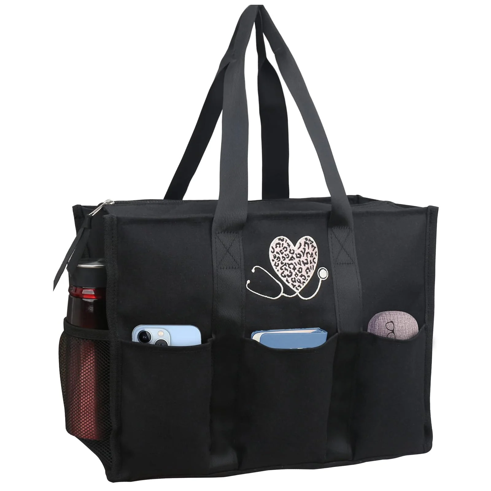 ABAMERICA Nurse Bags for Work Nursing Bag Multiple Pockets Waterproof Organizing Zip Top Clinical Bag for Nursing Students B23- Nurse Black With Leopard Embroidery Medium